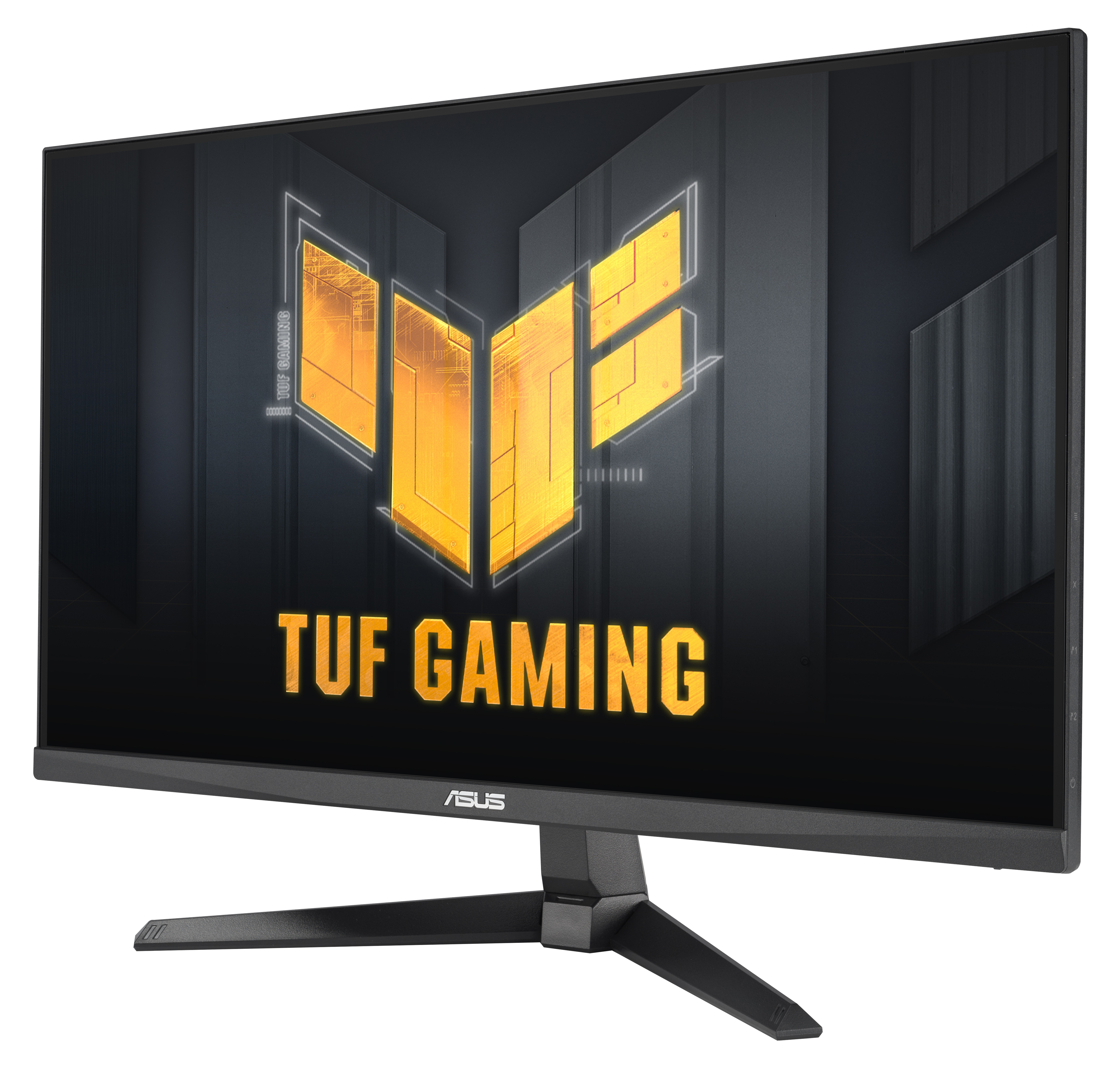 Czarny monitor ASUS TUF Gaming. Ekran wyświetla logo TUF w kolorze złotym na ciemnym tle. Podstawa jest czarna.