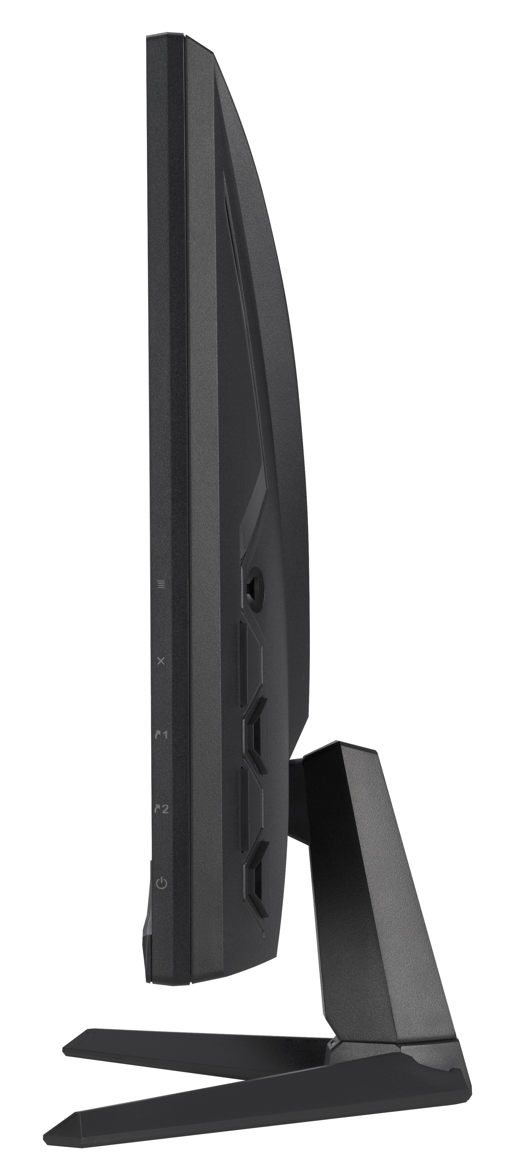 Widok z boku czarnego monitora komputera. Ma przycisk zasilania, przyciski funkcyjne i podstawę.