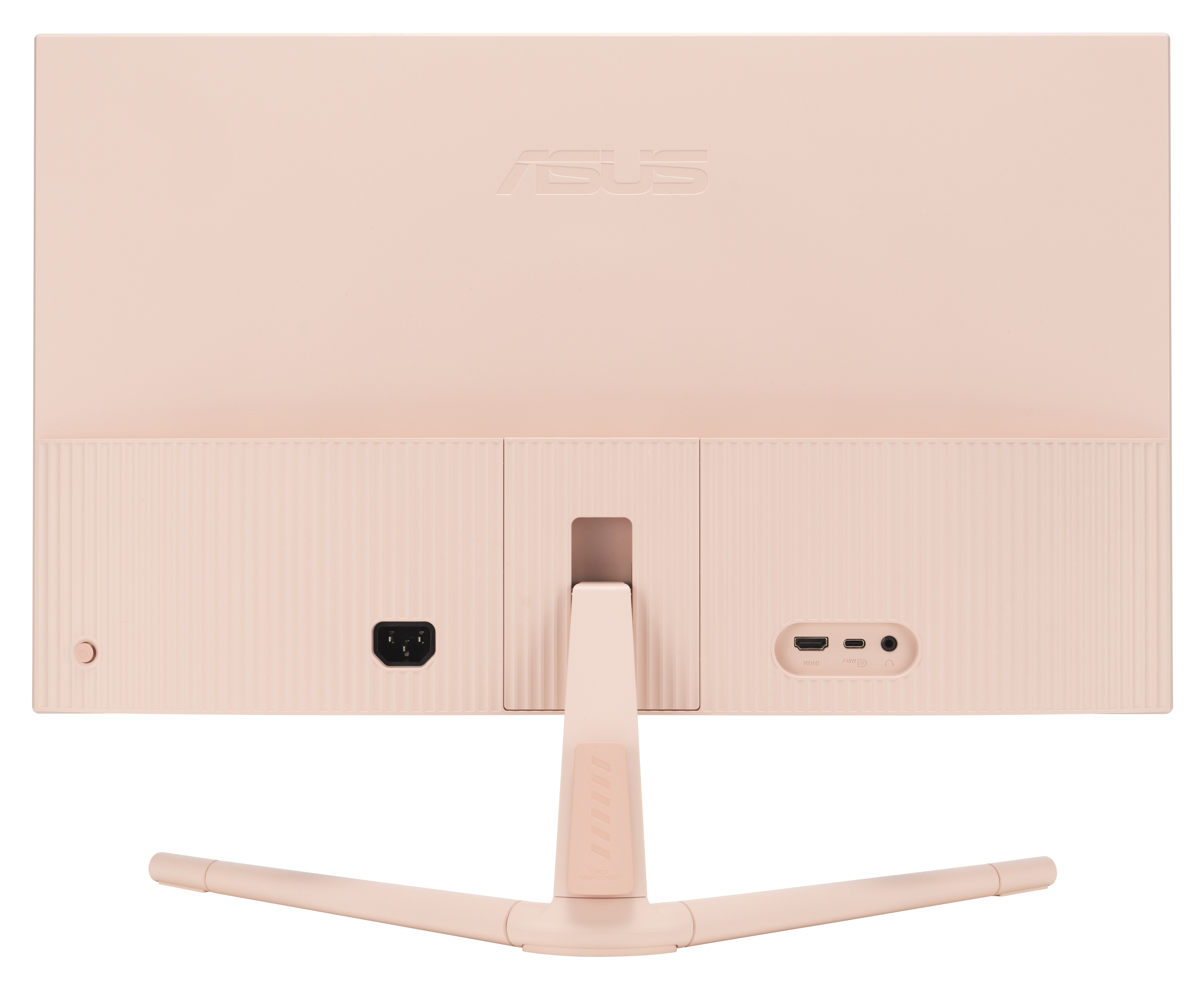 Tył jasnoróżowego monitora ASUS. Widoczne porty, złącze zasilania i logo ASUS.