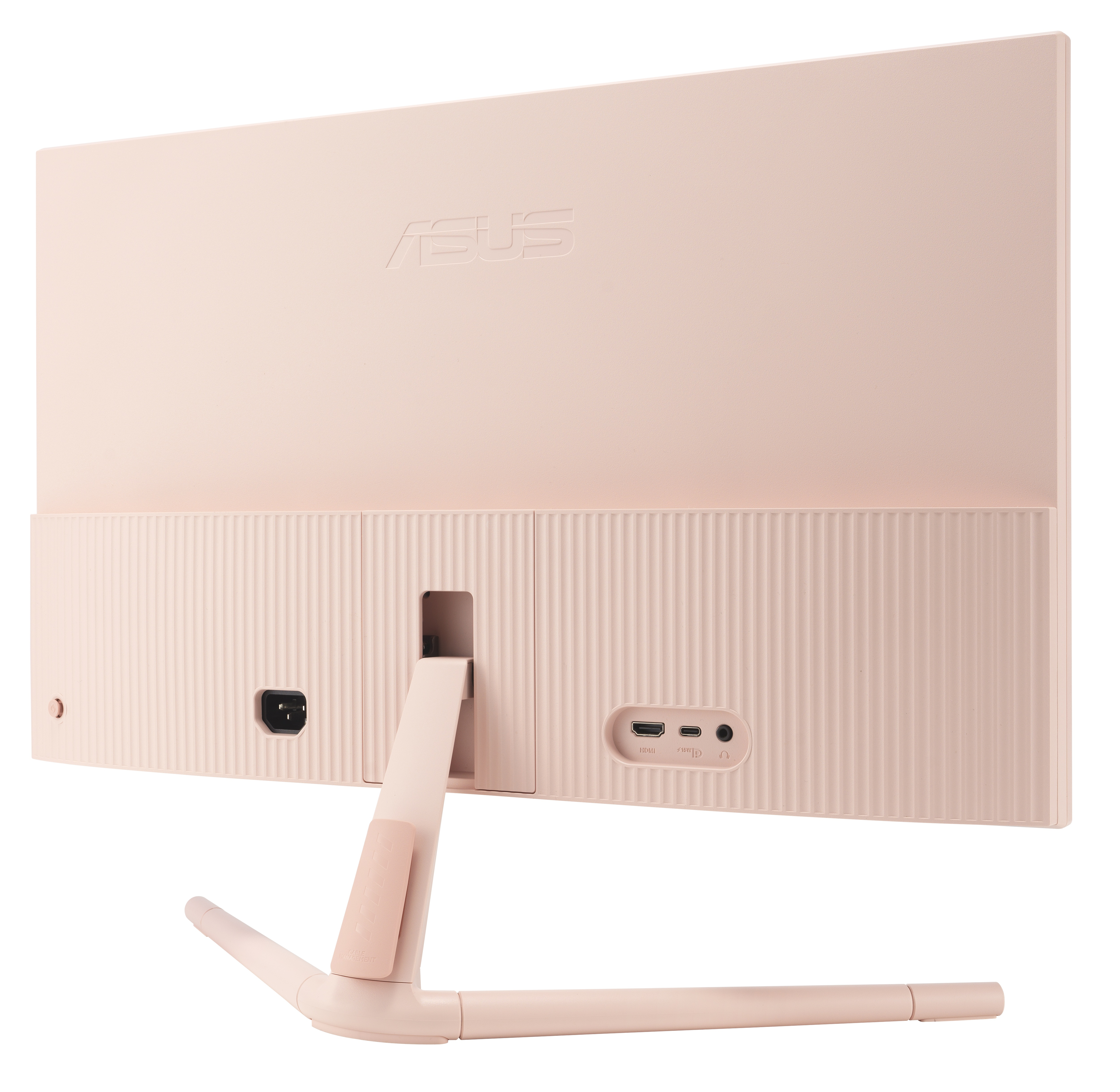 Tył różowego monitora ASUS. Widoczne porty, podstawka i logo. Powierzchnia jest teksturowana.