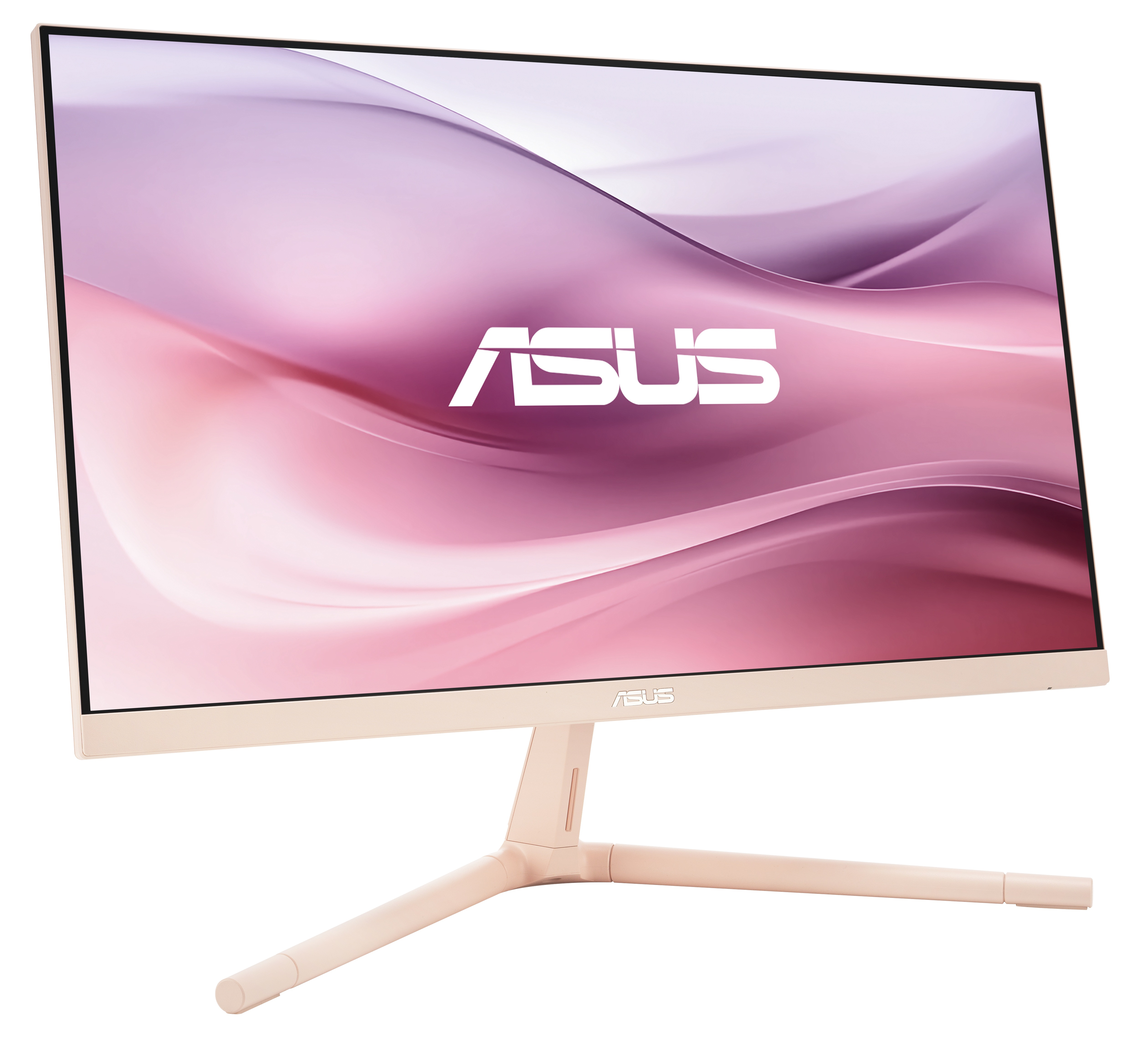 Monitor ASUS z różowym ekranem, różową podstawą i białym logo ASUS. Tło jest białe.