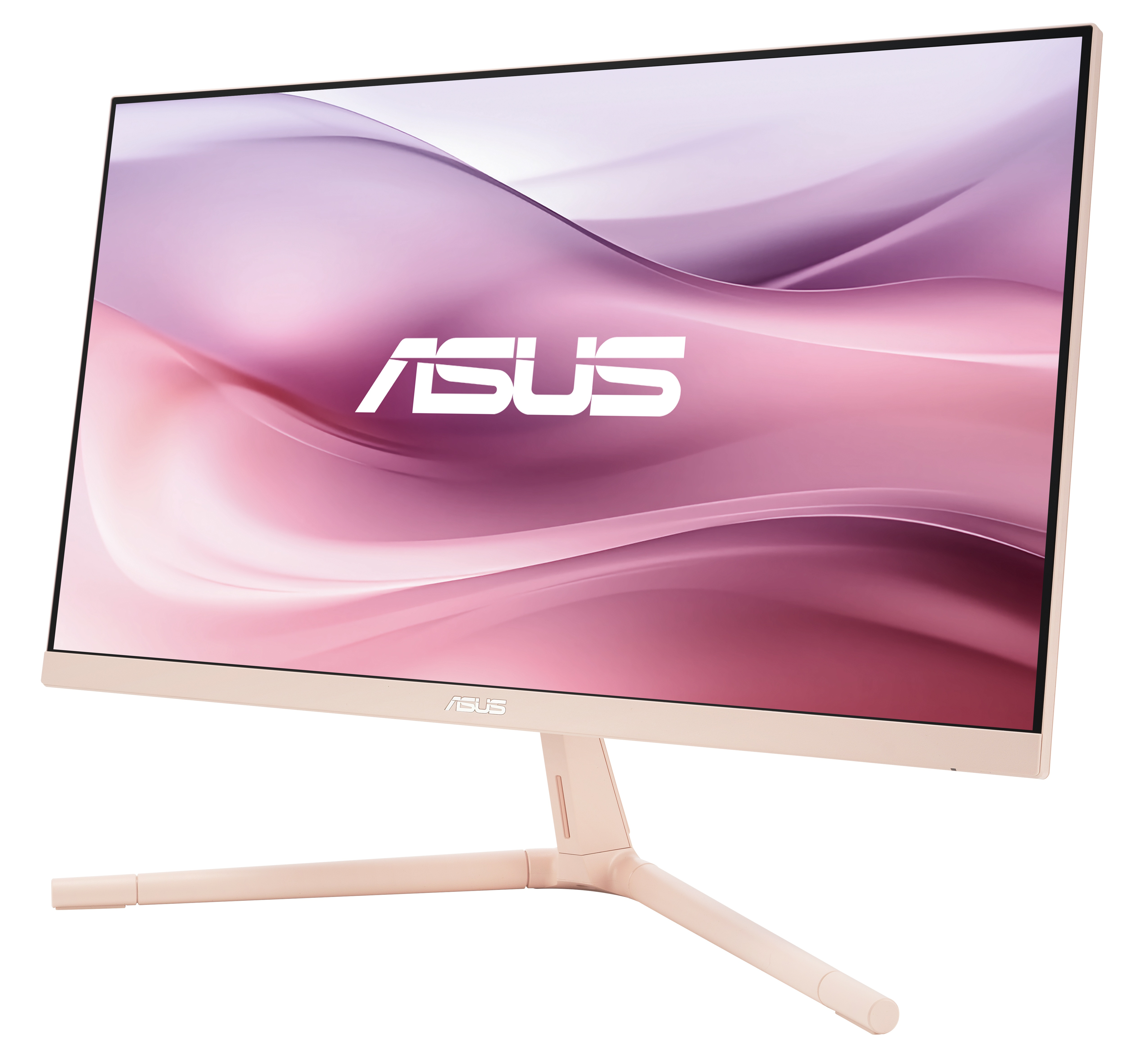 Beżowy monitor ASUS wyświetla różowy gradient. Stojak jest beżowy. Logo ASUS na górze i na dole.