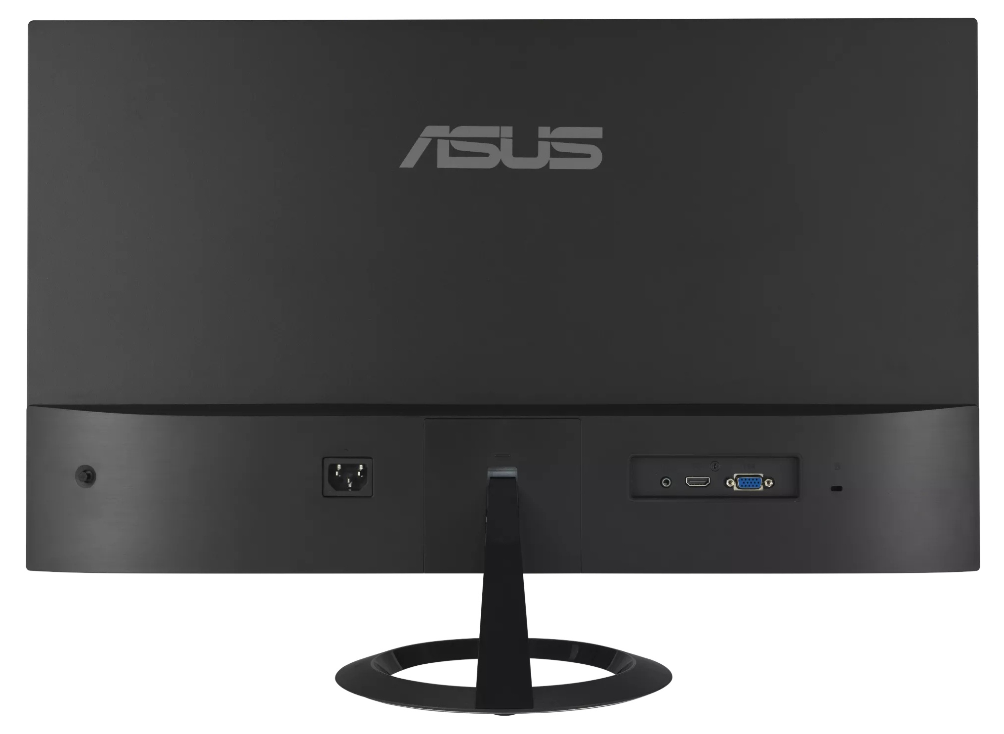 Tył czarnego monitora ASUS. Ma porty, wejście zasilania i podstawkę. Logo ASUS jest wyśrodkowane u góry.