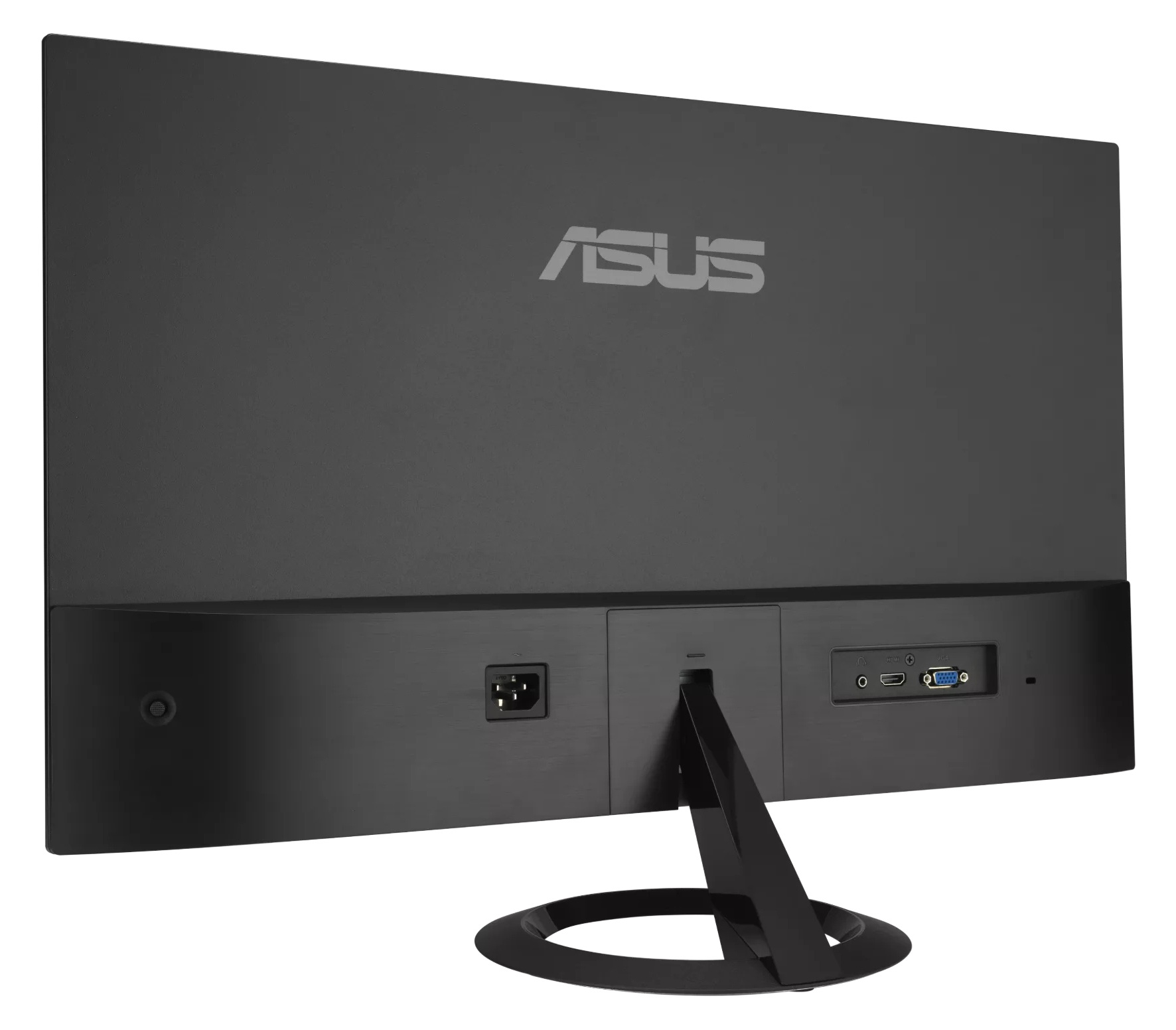Pokazano tył czarnego monitora ASUS. Widoczne są porty i podstawa. Logo ASUS jest wyśrodkowane.