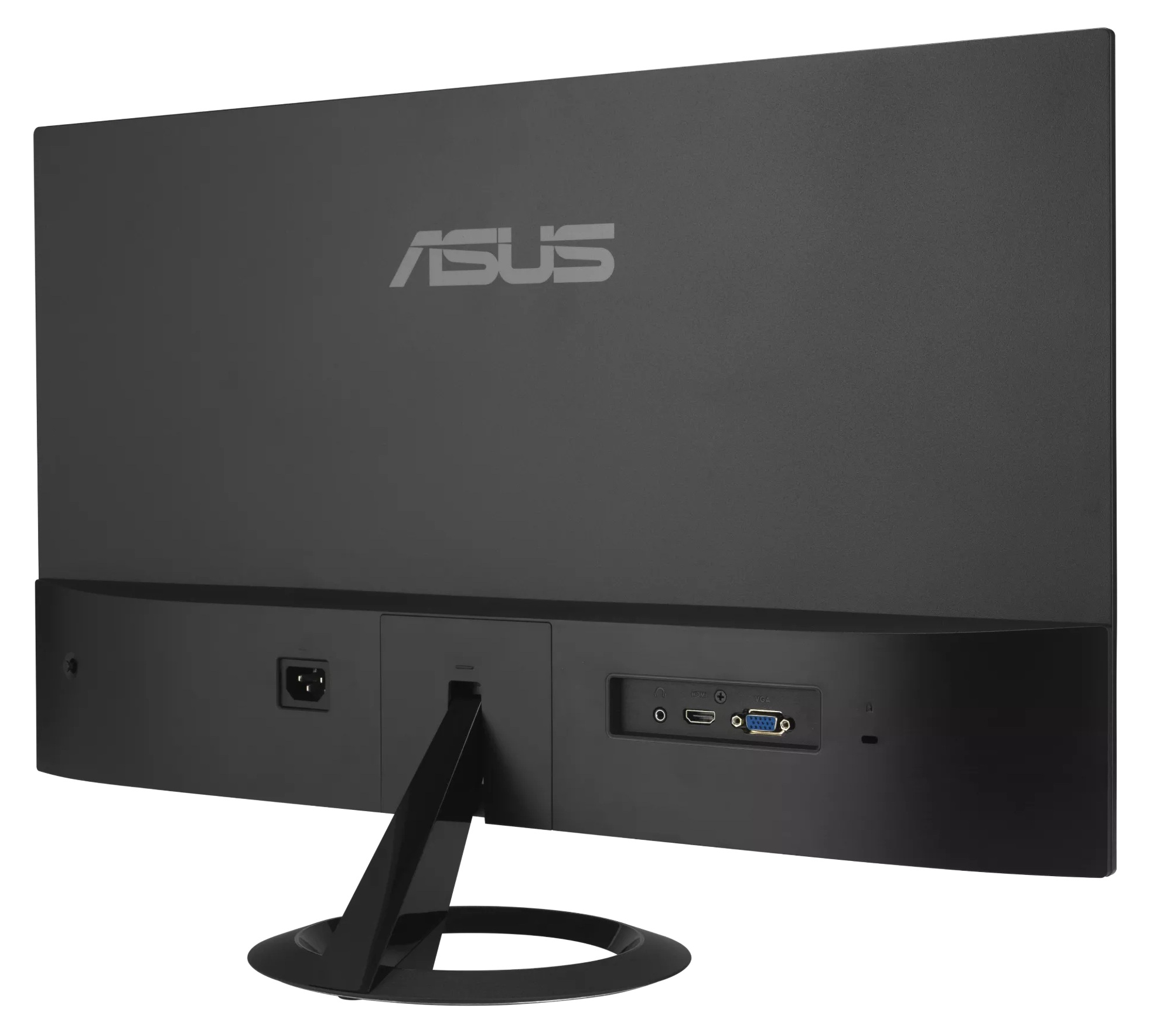 Tył czarnego monitora ASUS. Posiada porty, wejście zasilania i podstawkę. Widoczne jest logo ASUS.