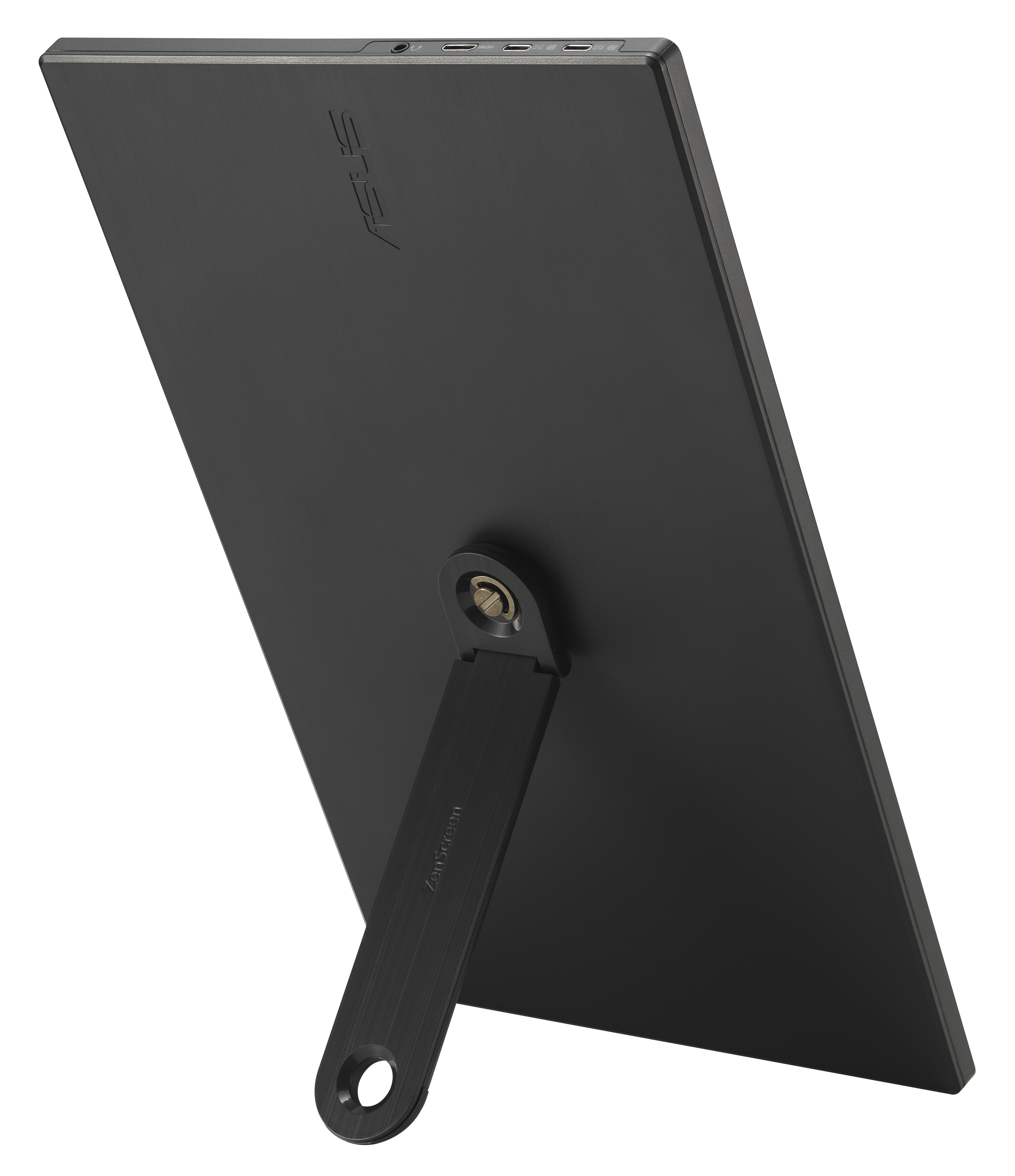 Czarny monitor ASUS ZenScreen ze stojakiem. Ma porty na górze i logo ASUS. Tło jest białe.