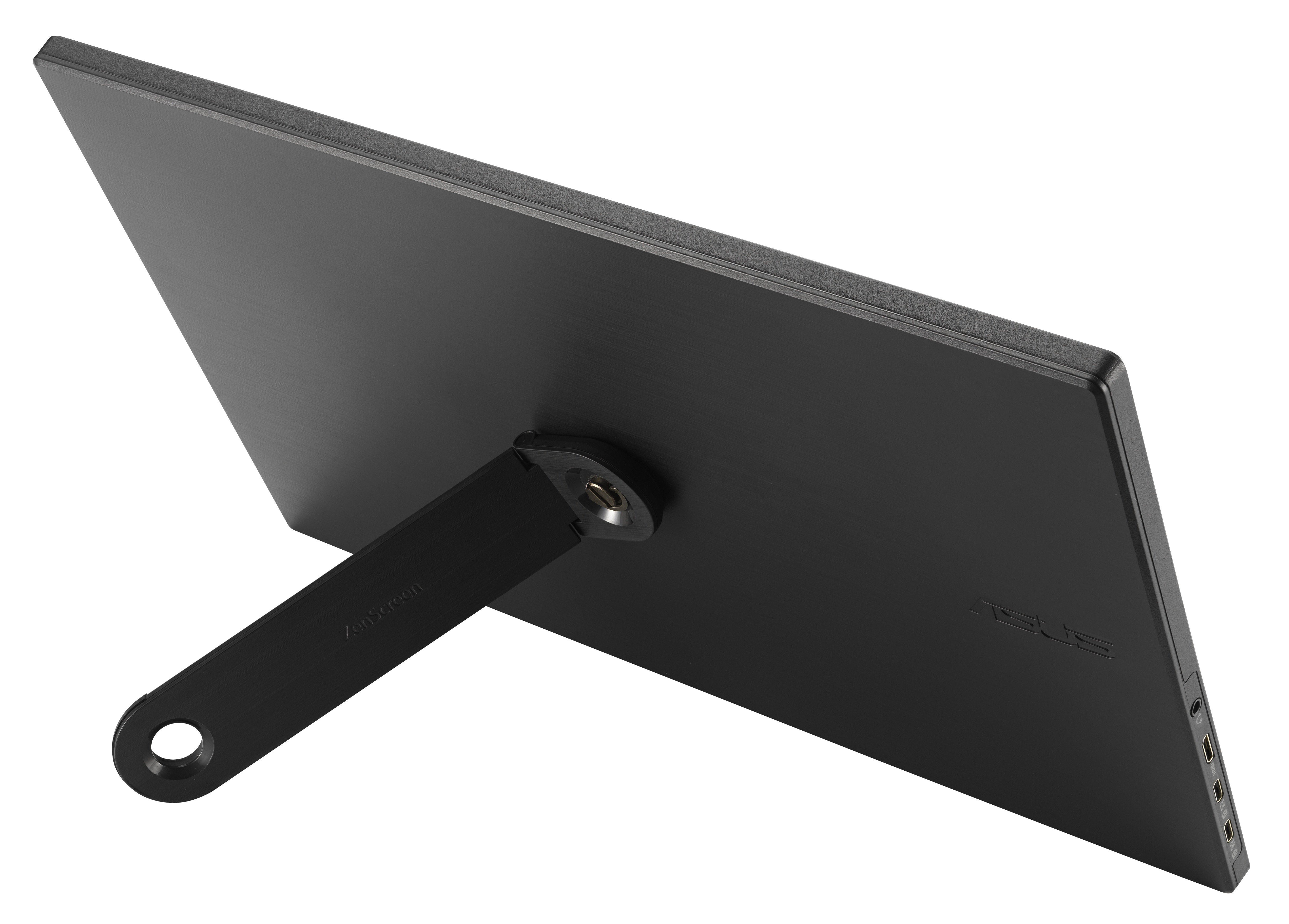 Czarny monitor ASUS ZenScreen jest ustawiony pod kątem, pokazując tył ze stojakiem. Tło jest białe.
