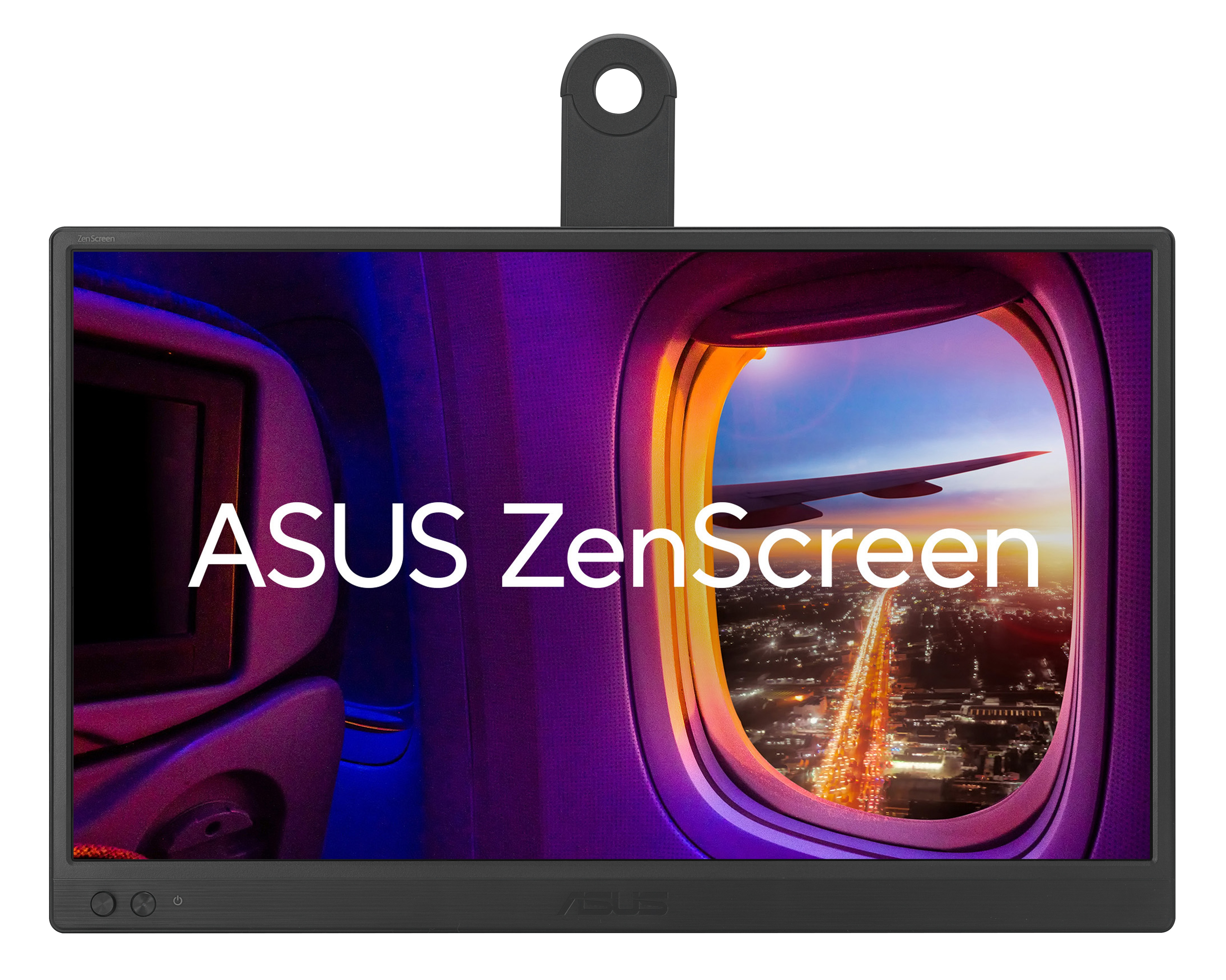 Monitor ASUS ZenScreen z widokiem z okna samolotu. Zawiera światła miasta, skrzydło i zachód słońca.