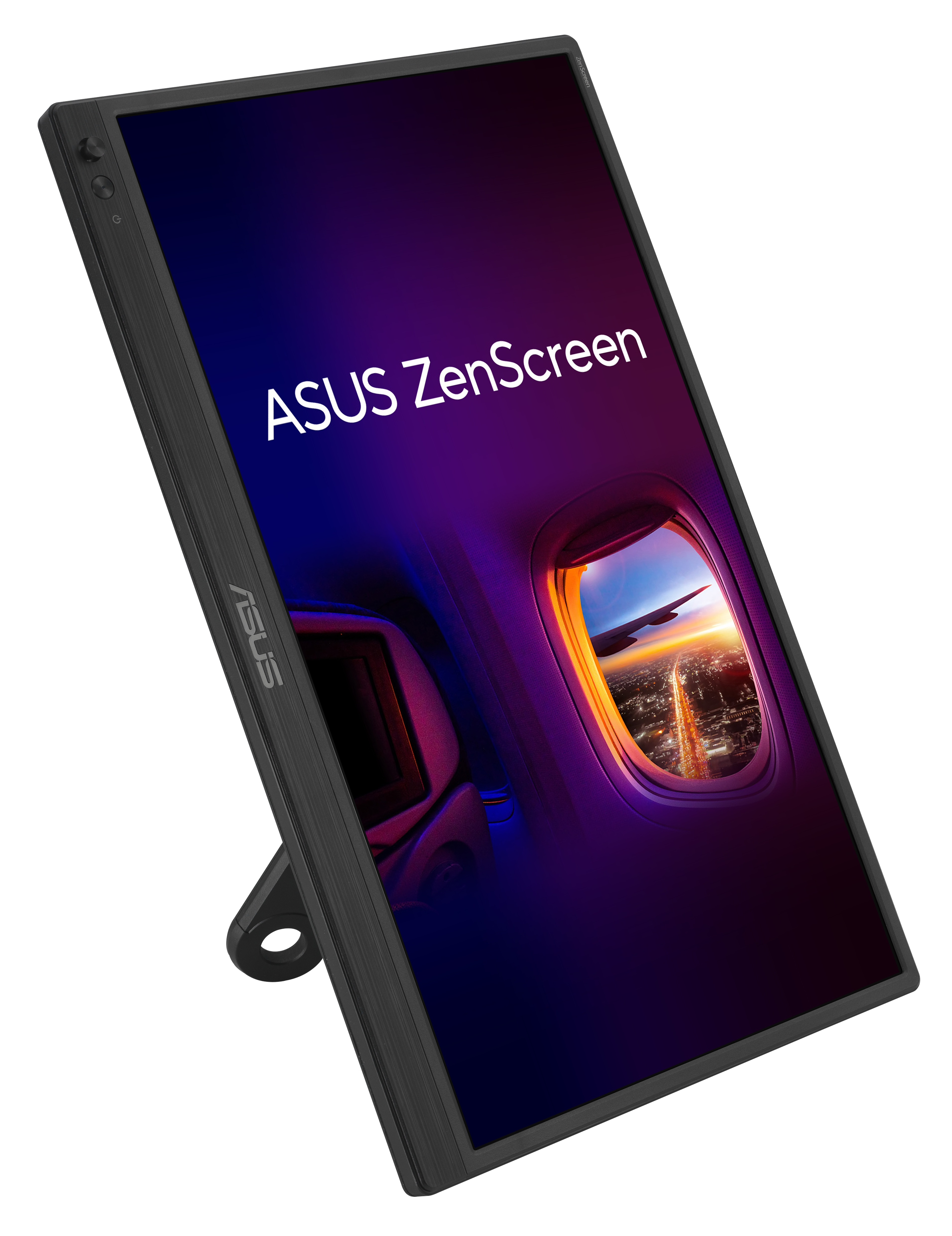 Monitor ASUS ZenScreen. Wyświetla zachód słońca z okna samolotu. Czarna ramka i stojak.