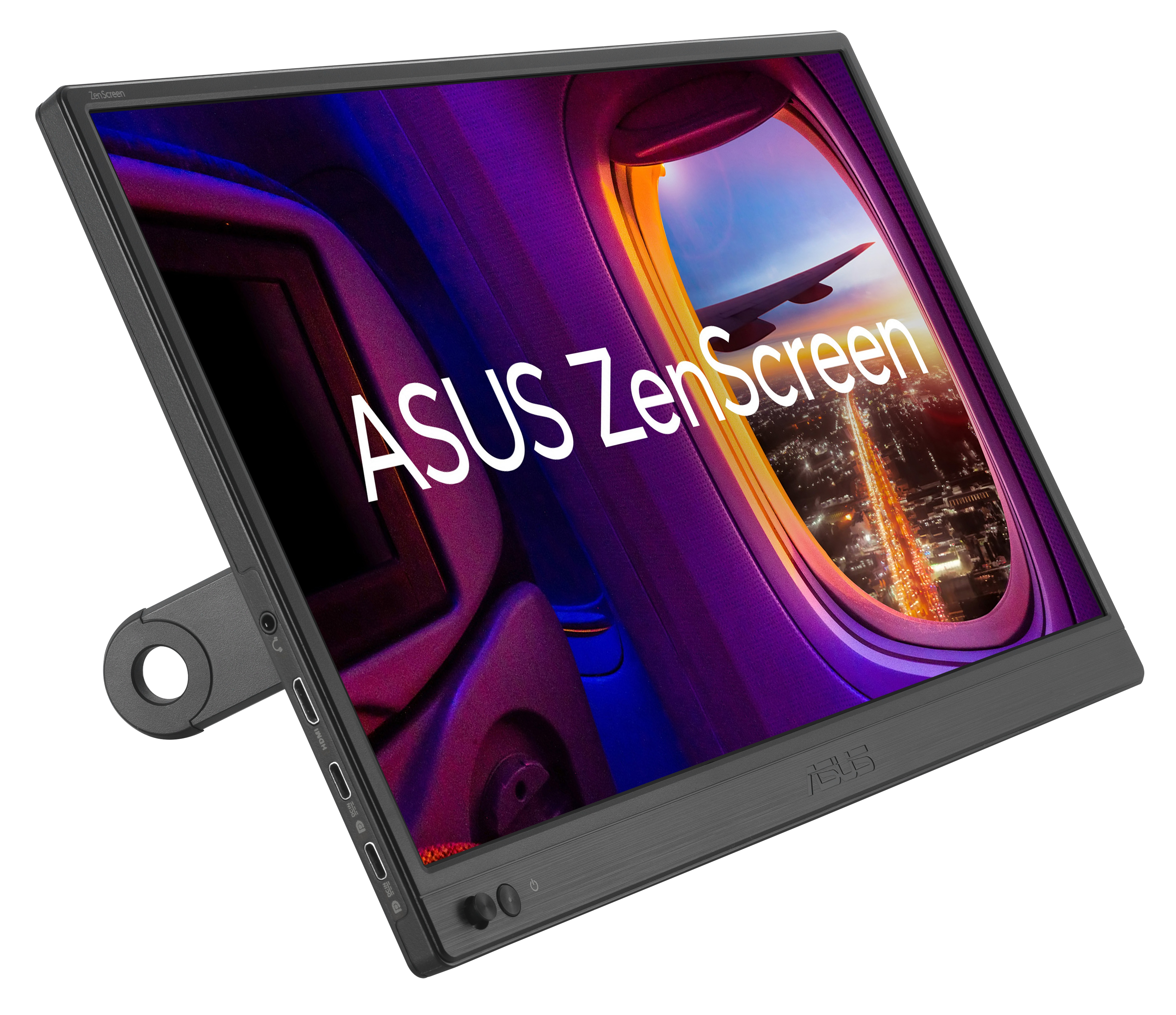 Monitor ASUS ZenScreen. Widok skrzydła samolotu na tle świateł miasta.
