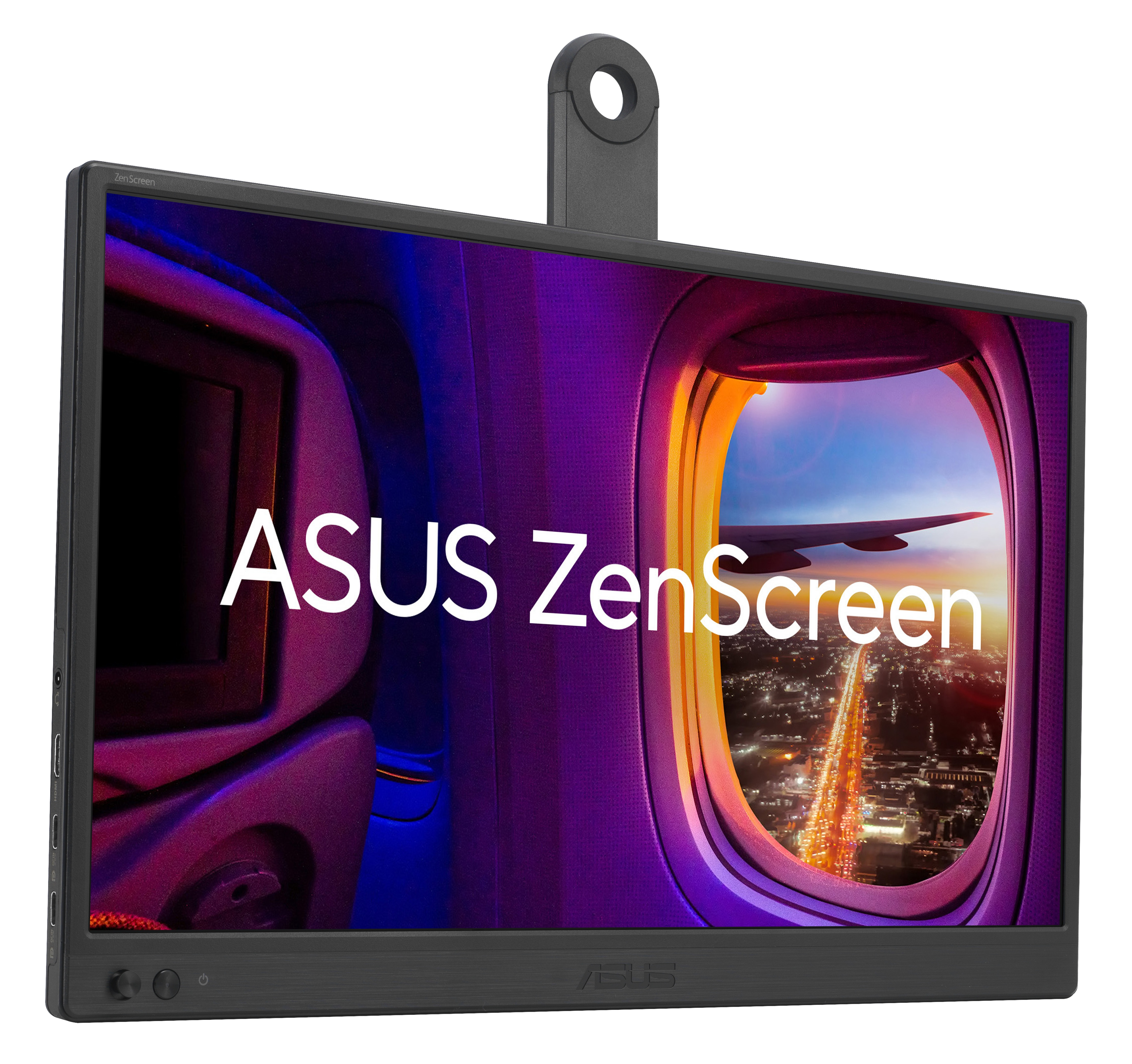 Monitor ASUS ZenScreen wyświetla widok z okna samolotu na miasto nocą. Ekran jest czarny i ma przyciski.
