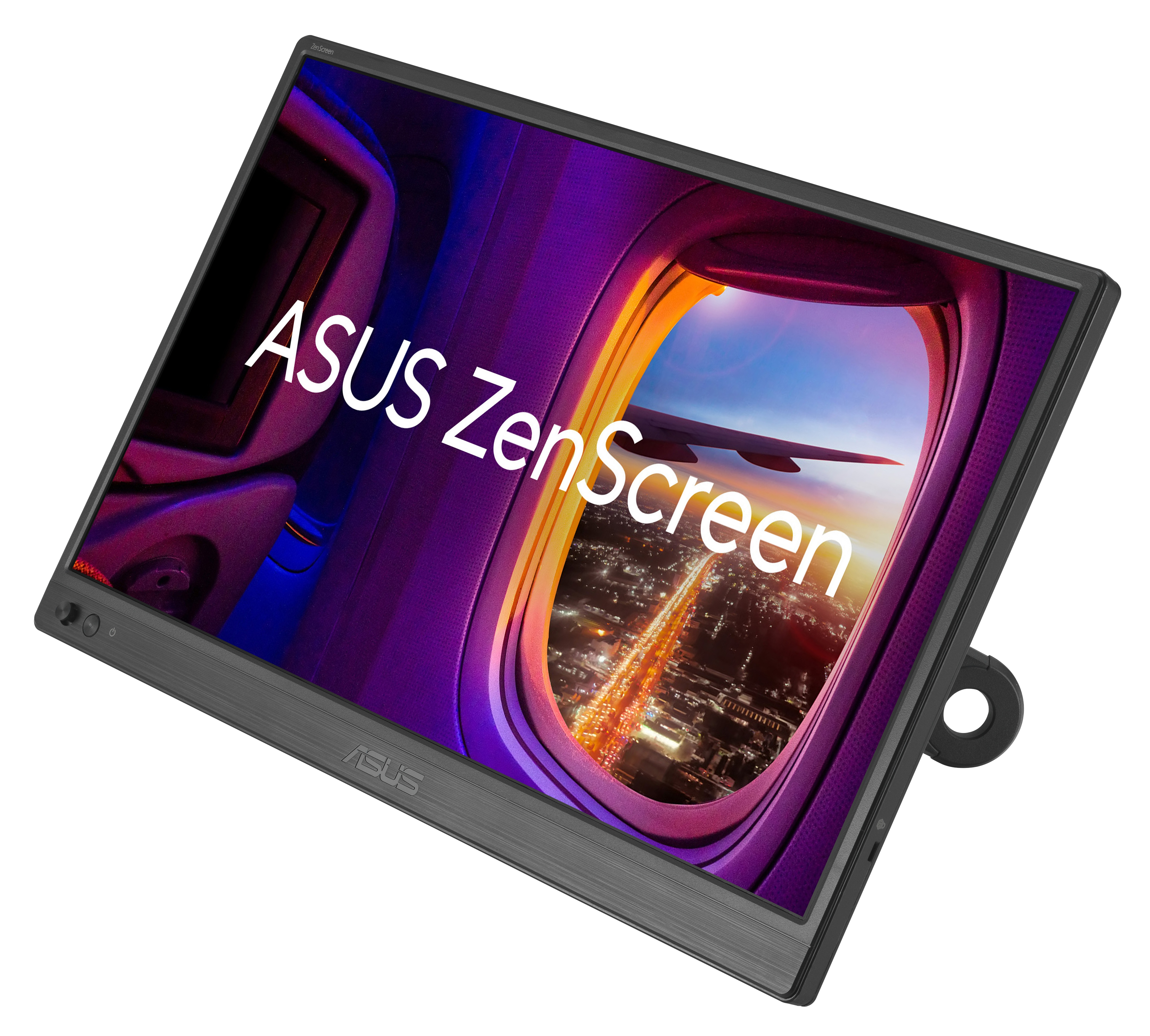 Monitor ASUS ZenScreen wyświetla widok z okna samolotu, pokazując krajobraz miejski, skrzydło i niebo. Monitor jest ciemnoszary.