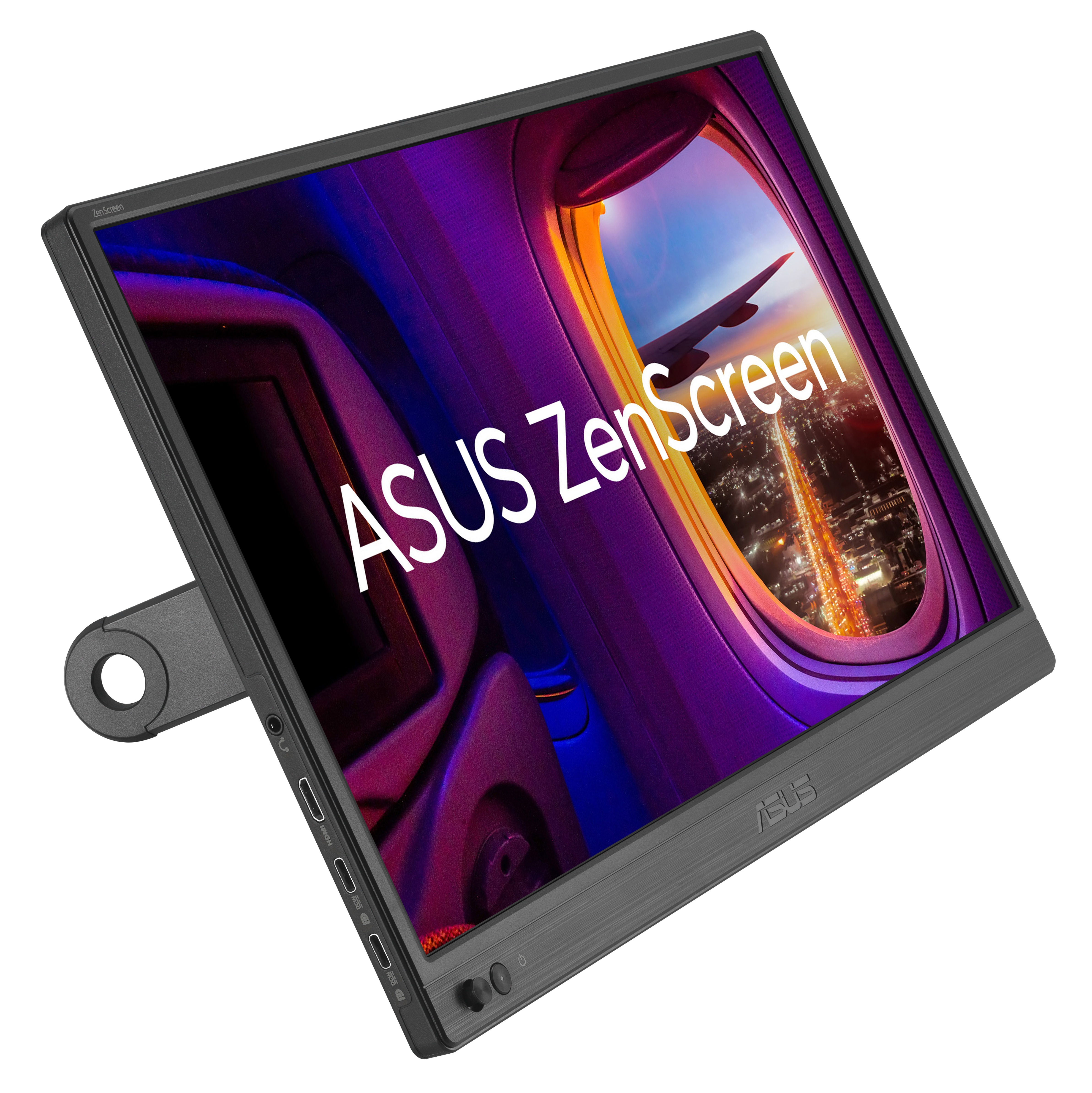 Monitor ASUS ZenScreen wyświetla widok z okna samolotu na miasto o zmierzchu. Ma stojak.