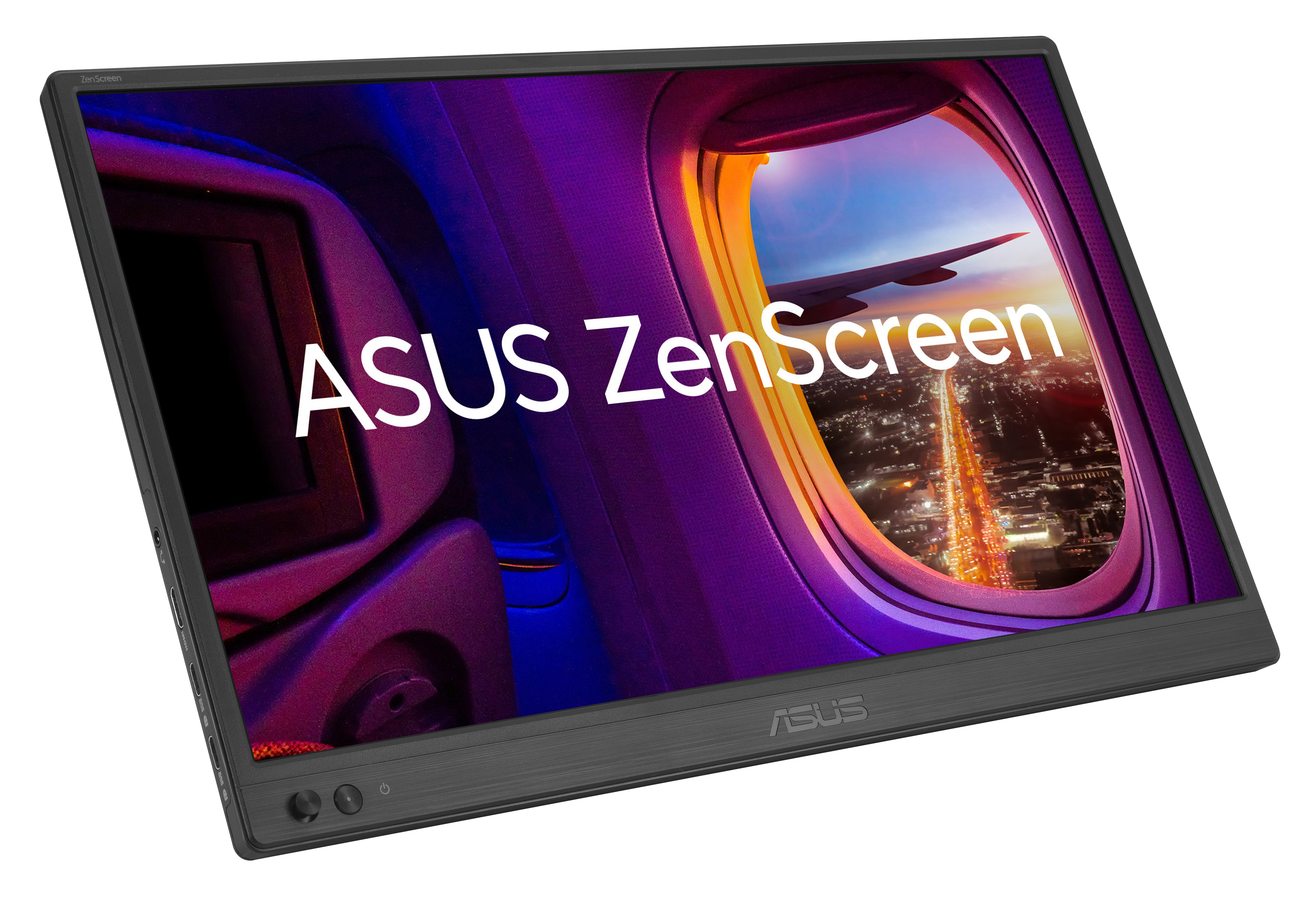 Monitor ASUS ZenScreen wyświetla widok z okna samolotu. Obraz przedstawia nocne miasto i skrzydło samolotu.
