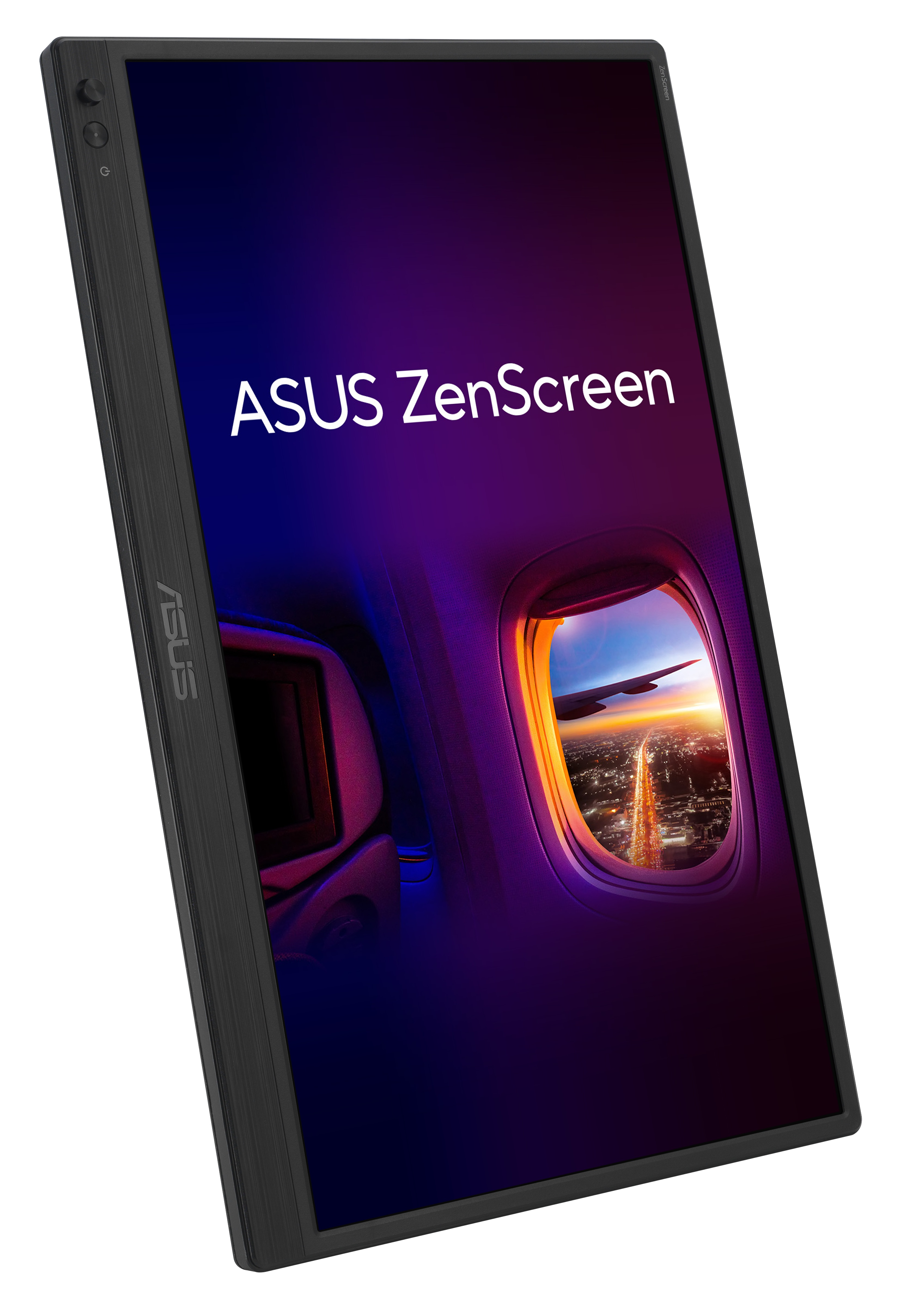 ASUS ZenScreen na czarnej ramie. Ekran wyświetla widok z okna samolotu na miasto o zachodzie słońca.