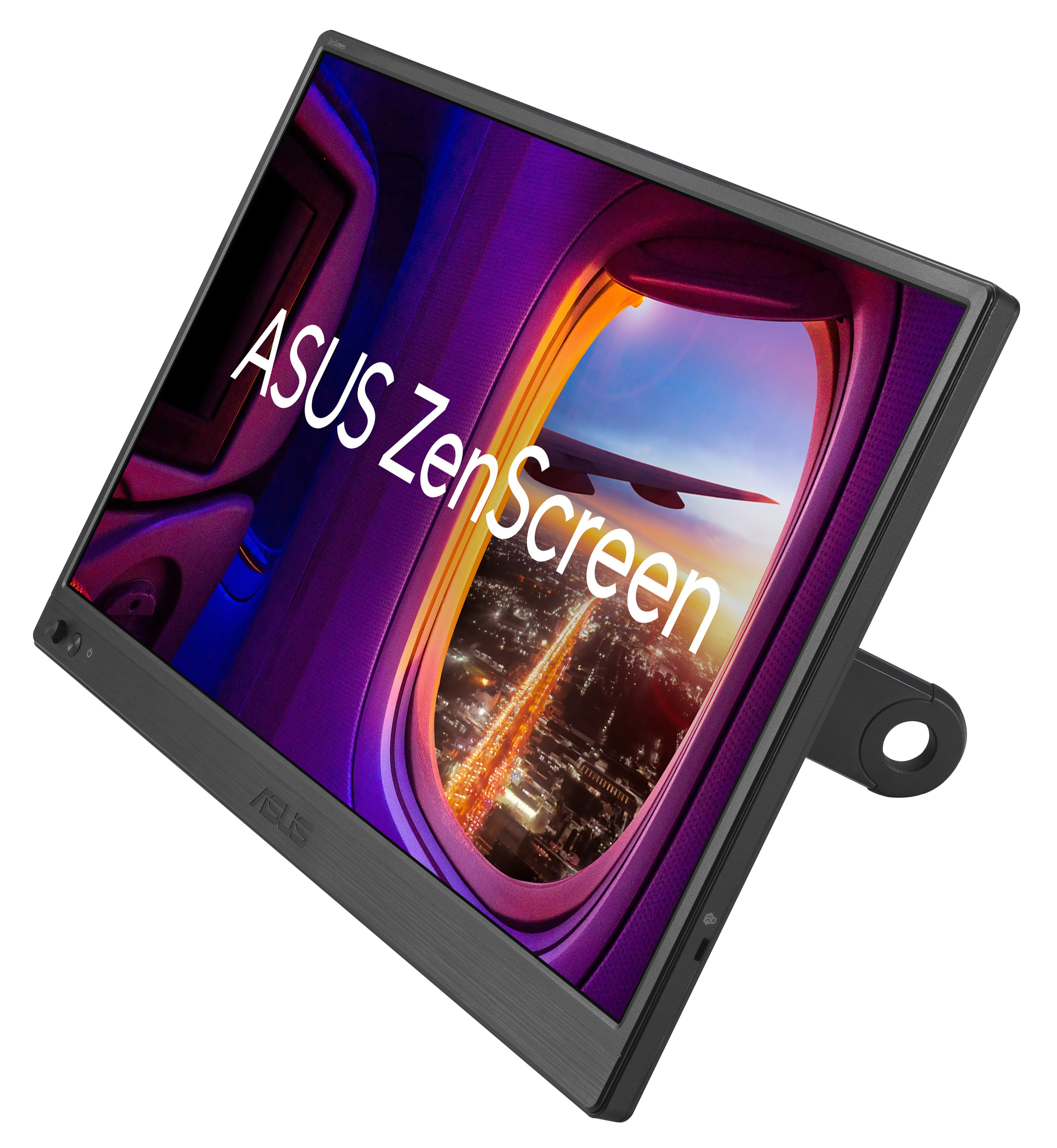 Monitor ASUS ZenScreen wyświetla widok z okna samolotu. Jest pod kątem, ze stojakiem. Ekran pokazuje światła miasta.