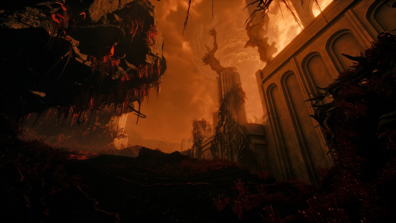 Mroczny, ognisty krajobraz z wysokimi strukturami, czerwoną roślinnością i zachmurzonym pomarańczowym niebem, tworzącym dramatyczną scenę.