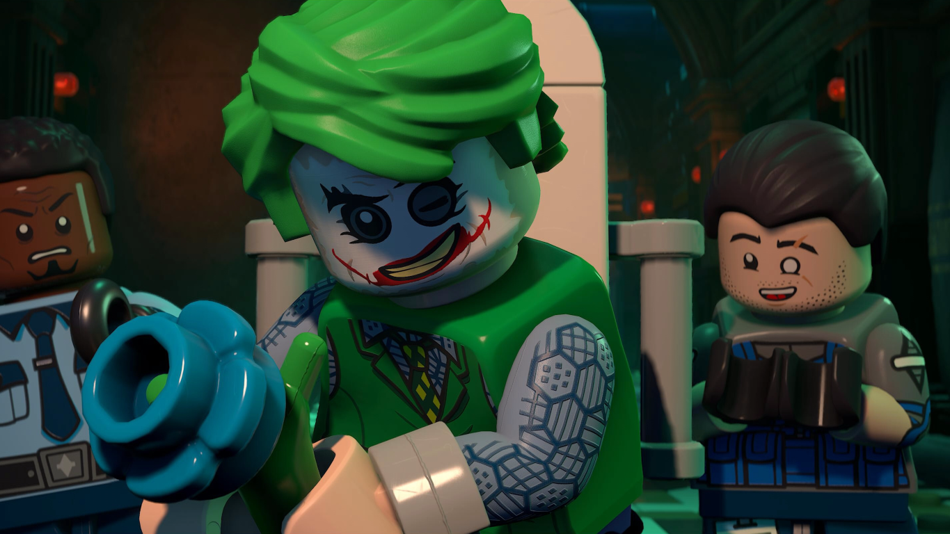 Lego Joker z zielonymi włosami i kwiatem, uśmiecha się. Inne figurki Lego w tle.