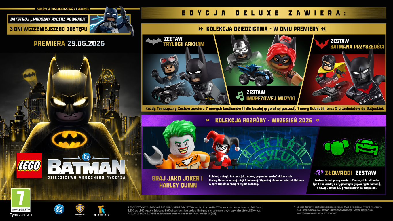 Okładka gry Lego Batman. Zawiera Batmana, Jokera, Harley Quinn i inne postacie. Tekst zawiera tytuł gry i datę premiery.