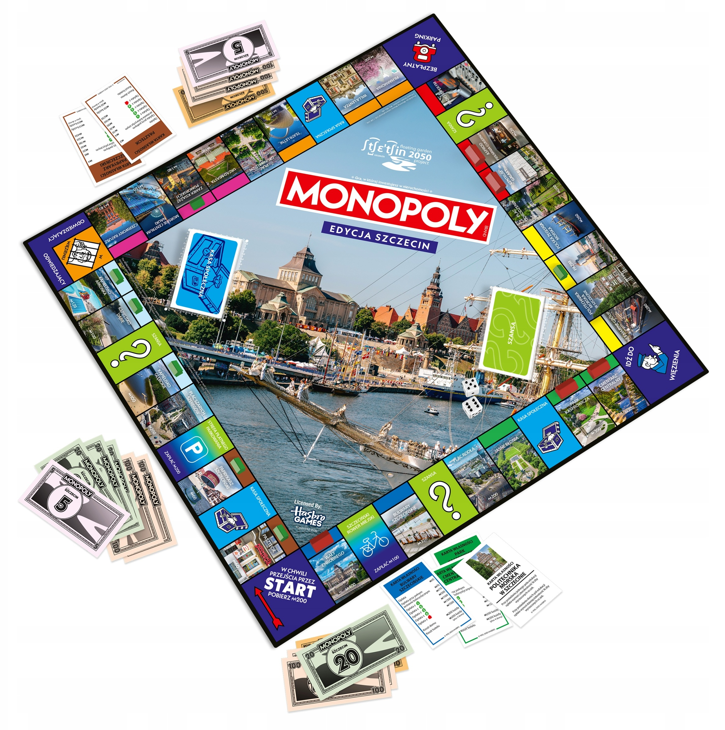 Gra planszowa Monopoly z tłem miejskim, pieniędzmi, kartami i kostkami.