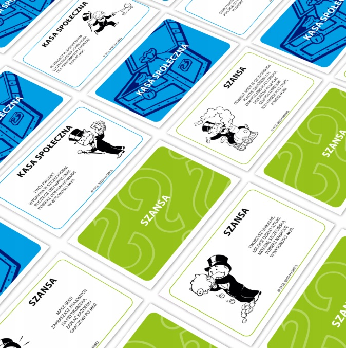 Karty Monopoly: Szansa i Kasa Społeczna. Postacie w garniturach i cylindrach. Niebieskie i zielone karty z polskim tekstem.