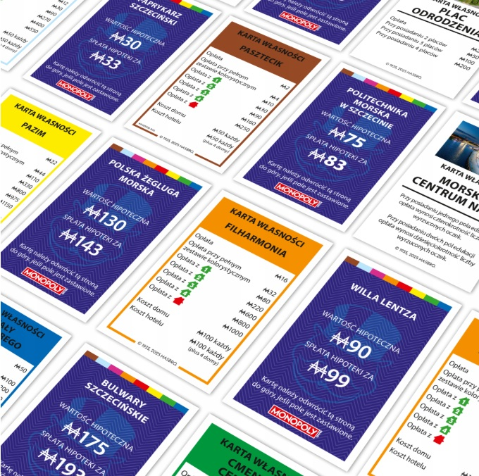 Karty do gry Monopoly. Widoczne są różne karty z nazwami i wartościami nieruchomości.