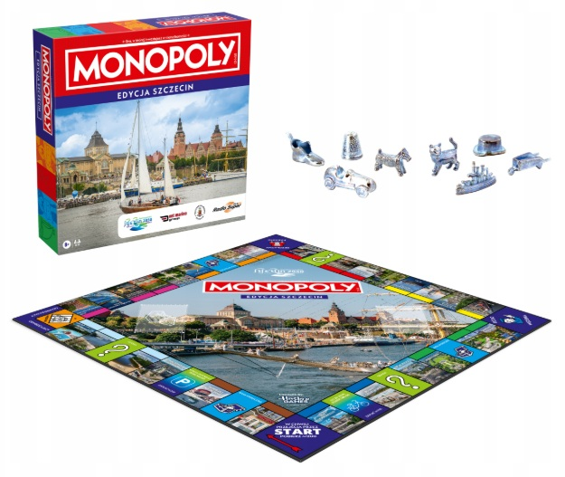 Gra planszowa Monopoly. Zawiera planszę, pudełko i pionki. Pudełko przedstawia scenę miejską z żaglówką.