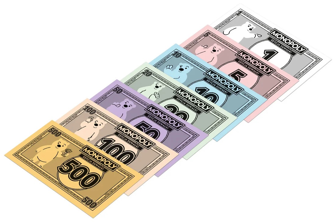 Pieniądze z Monopoly z ilustracjami niedźwiedzi. Banknoty w różnych kolorach, każdy o różnych nominałach i postaciach niedźwiedzi.