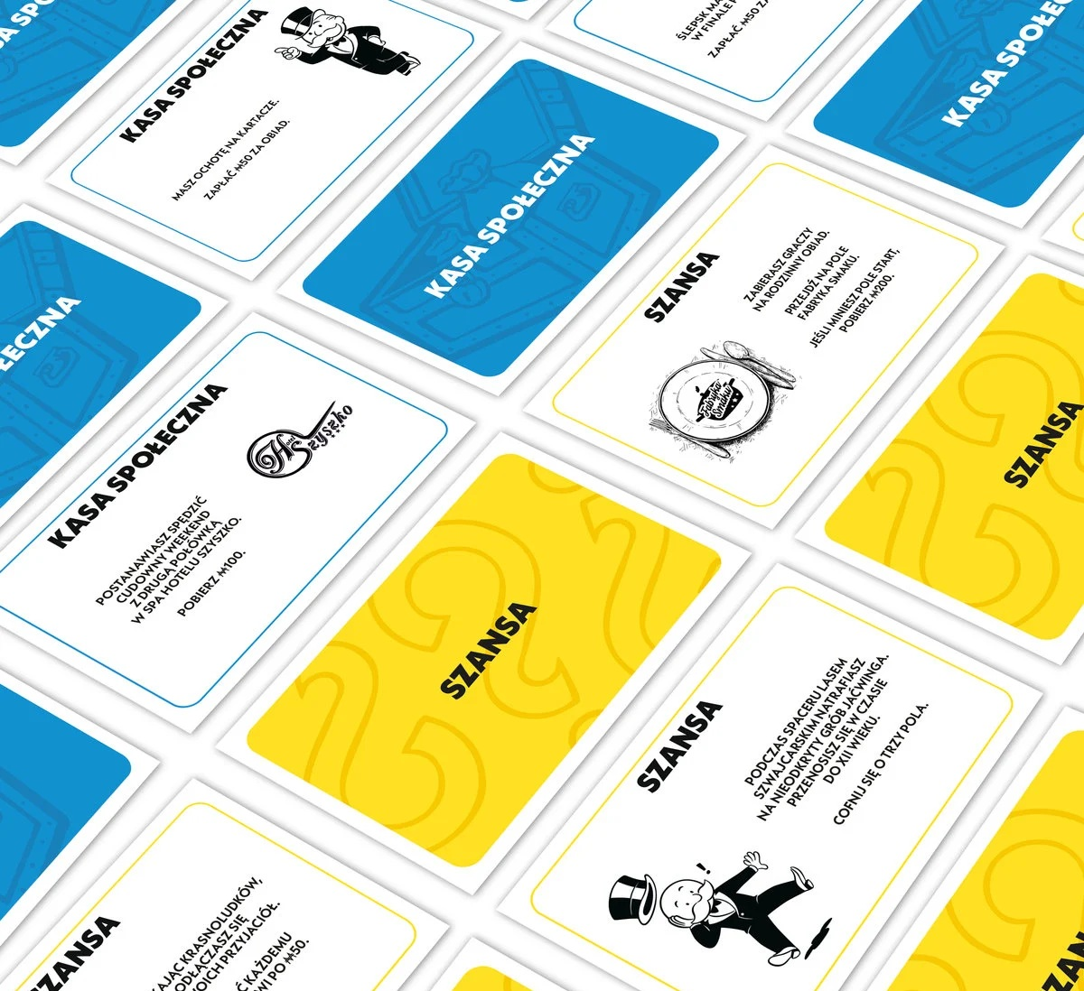 Karty Monopoly. Niebieskie karty mówią 'Kasa Społeczna'. Żółte karty mówią 'Szansa'. Karty pokazują tekst i ilustracje.