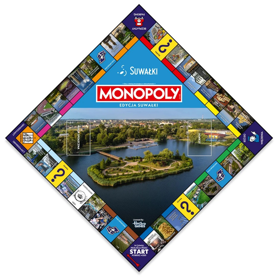 Gra planszowa Monopoly z Suwałkami, Polska. Pokazuje jezioro z wyspą i krajobraz miejski w tle.