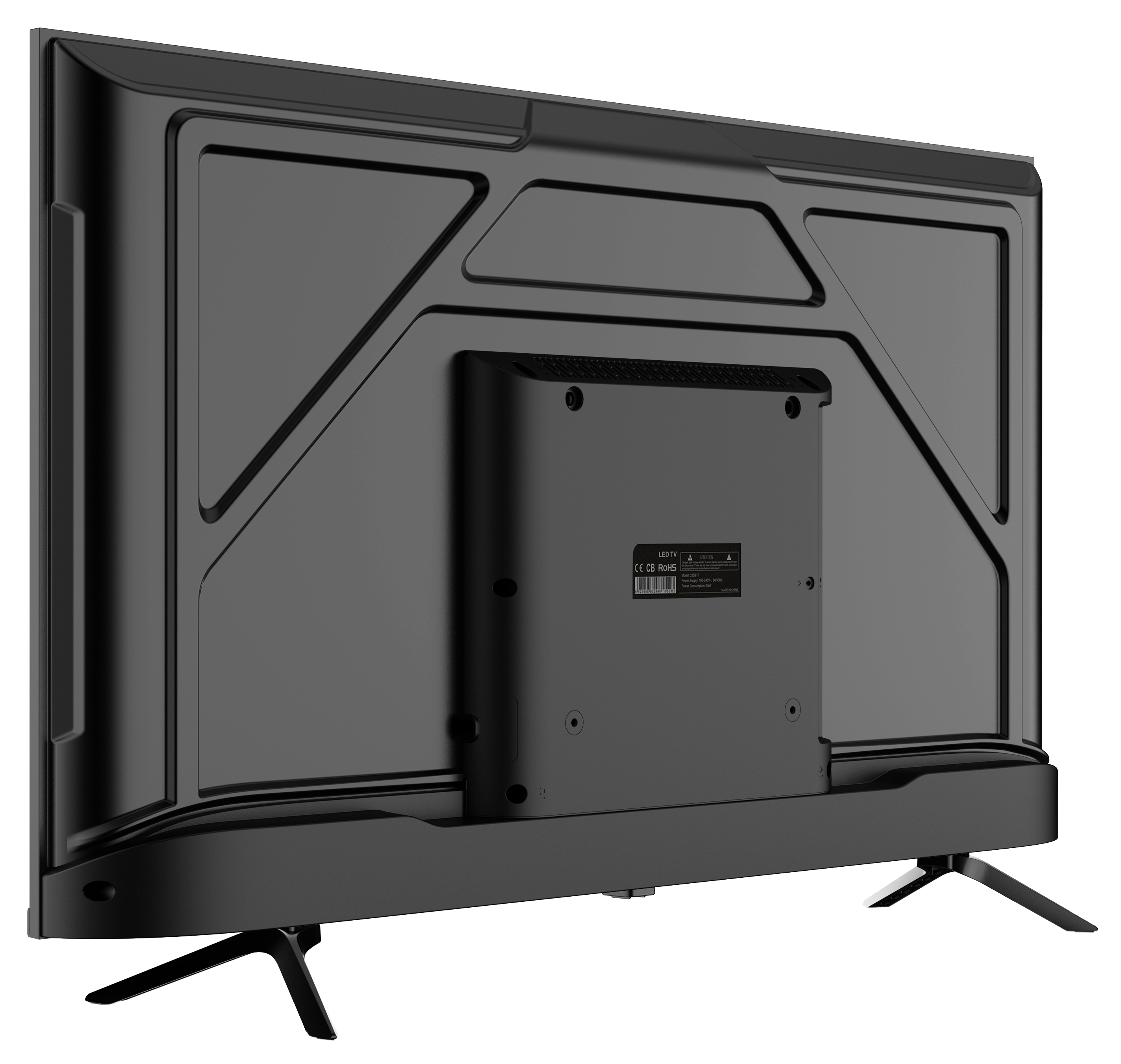 Tył czarnego telewizora LED. Ma podstawę i etykietę ze szczegółami technicznymi.