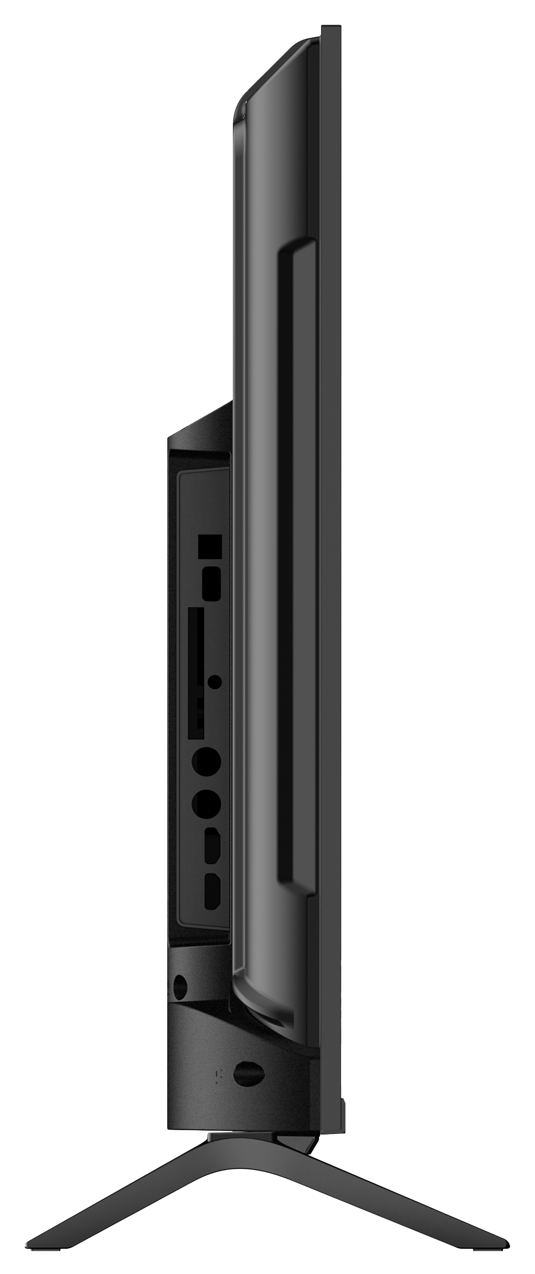 Widok z boku czarnego telewizora. Widoczne porty i stojak. Ekran jest ciemny, tło czarne.