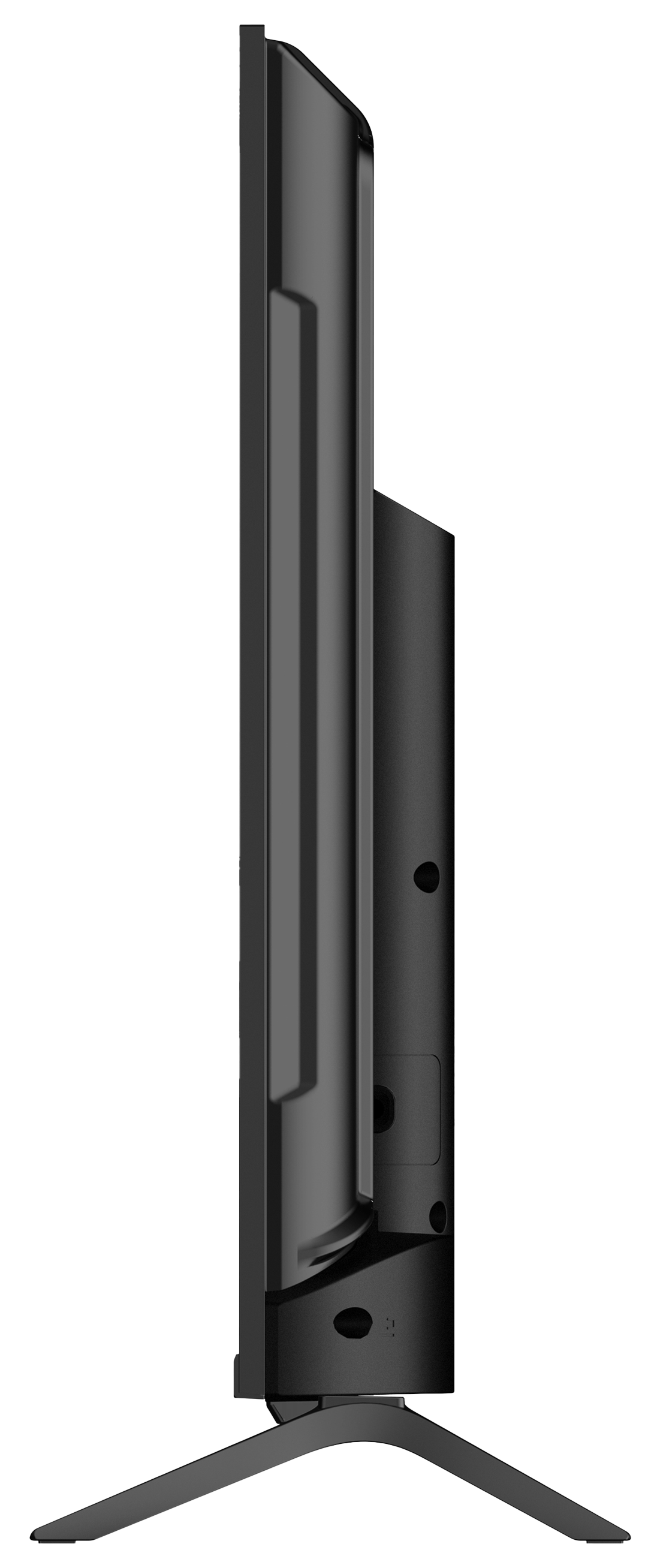 Widok z boku czarnego telewizora z płaskim ekranem. Stoi na czarnym stojaku. Tło jest całkowicie czarne.