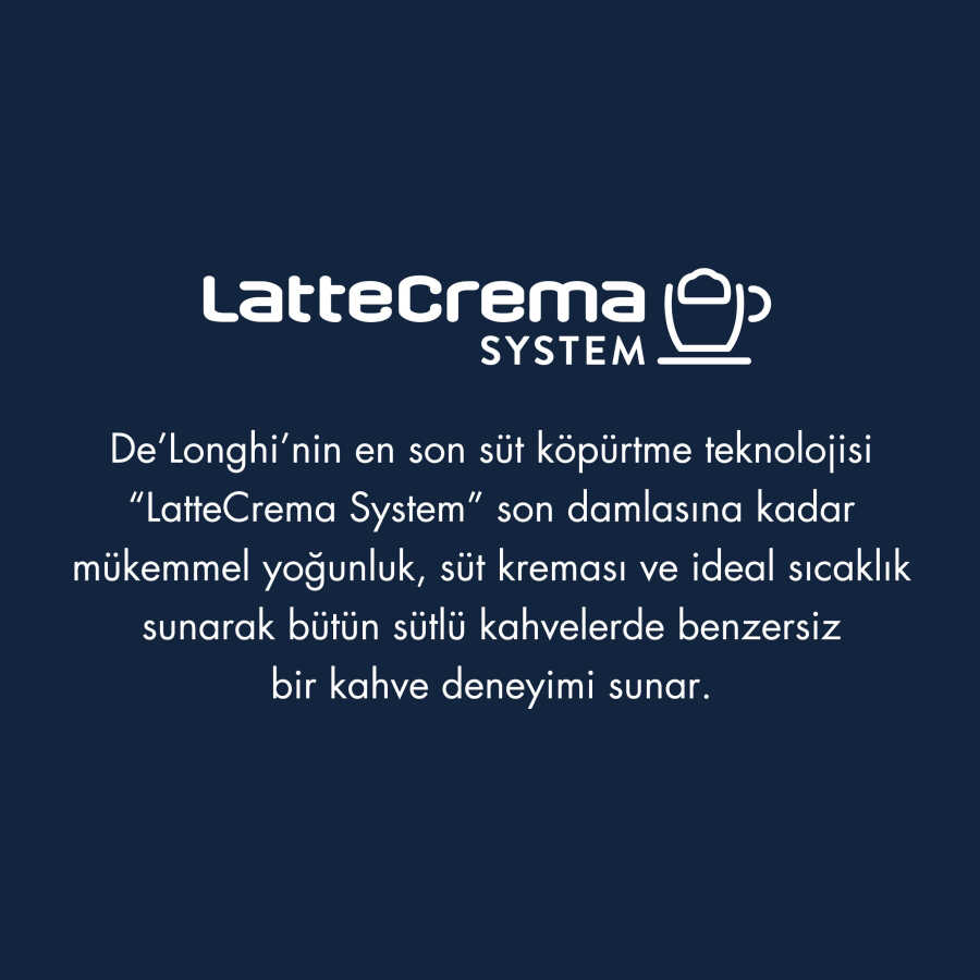 Görselde LatteCrema System logosu ve Türkçe metin yer alıyor, kahve için süt köpürtme teknolojisini tanıtıyor.