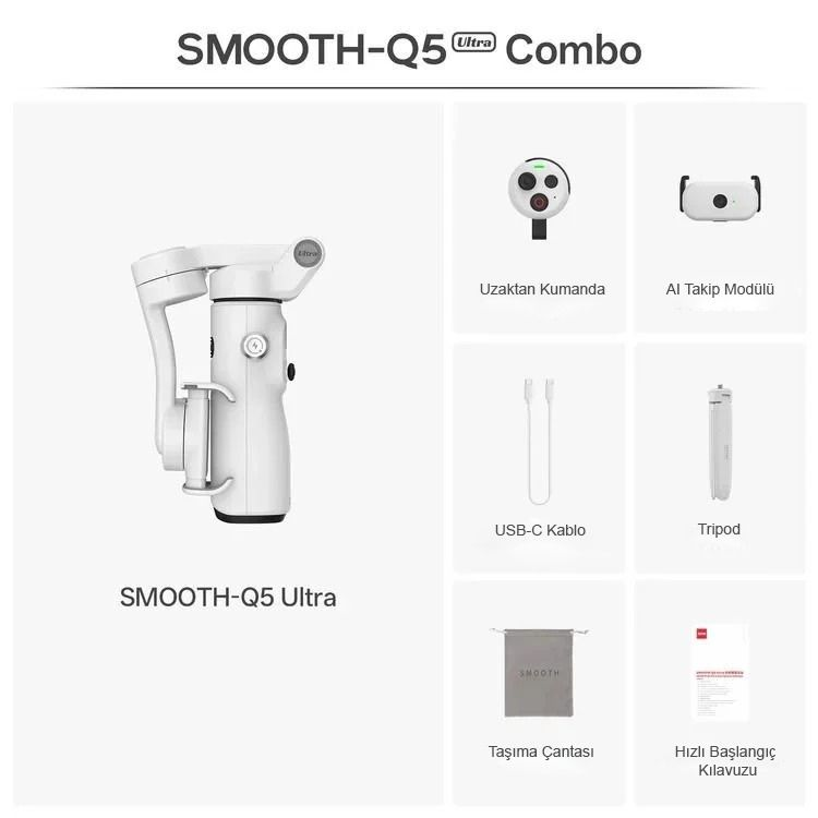 SMOOTH-Q5 Ultra Combo ürün genel görünümü, gimbal, uzaktan kumanda, takip modülü, tripod, kablo, çanta ve hızlı başlangıç kılavuzu içerir.