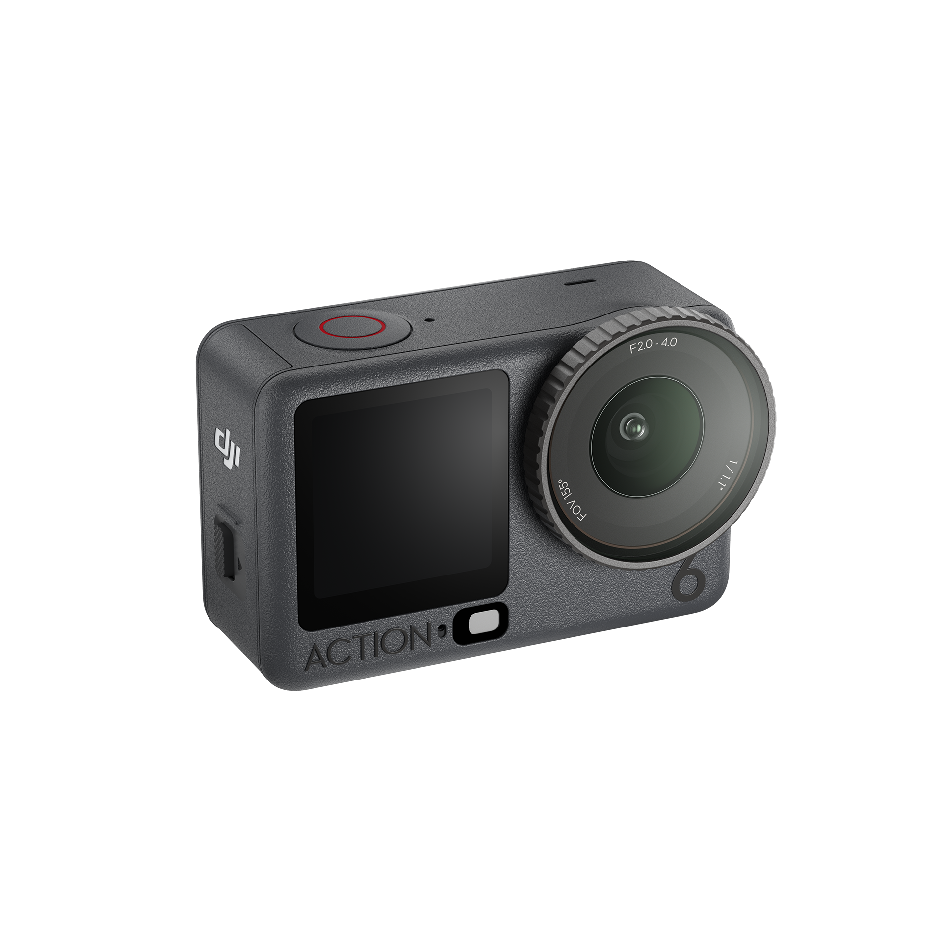 Gri bir aksiyon kamerası, lens, ekran ve düğmeler. Lens üzerinde F2.0-4.0 ve FOV 155° işaretleri var.