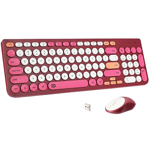 Bordo renkli kablosuz klavye ve fare seti. Klavyede beyaz ve pembe tuşlar ve bir USB alıcısı bulunmaktadır.