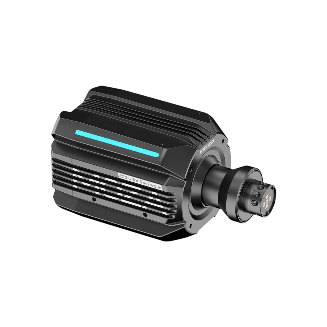 Mavi ışık şeridine sahip siyah bir MOZA R25 Ultra True Torque cihazı. Silindirik bir şekle sahiptir ve siyah bir arka plan üzerinde durmaktadır.