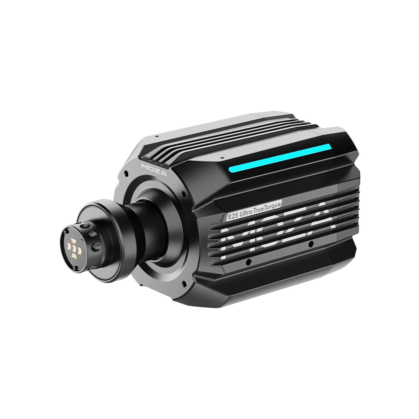 Mavi ışıklı siyah bir MOZA R25 Ultra True Torque cihazı. Sol tarafta silindirik bir konektöre sahip.