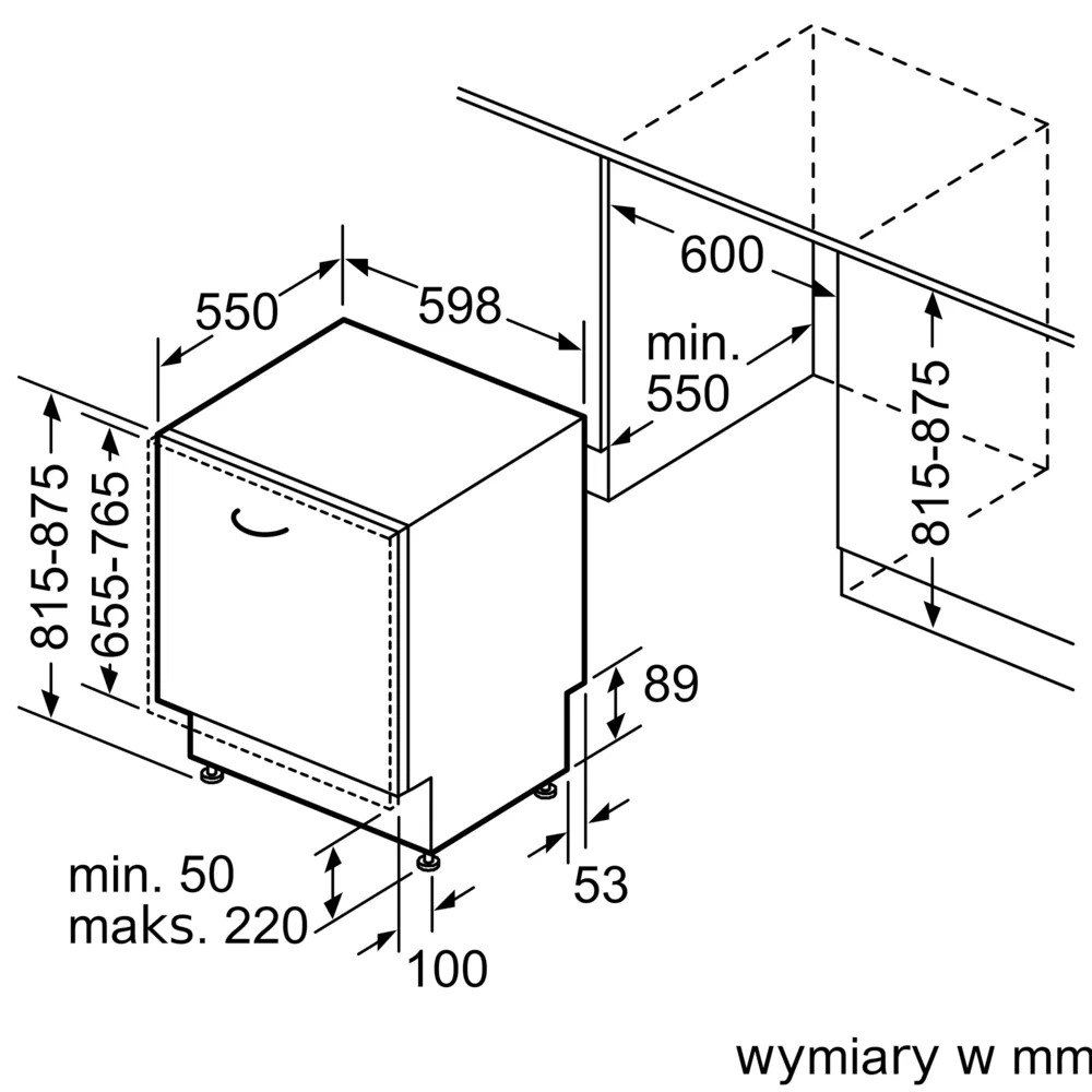 Schemat zmywarki z wymiarami w milimetrach. Pokazuje wymiary wysokości, szerokości i głębokości oraz szczegóły instalacji.