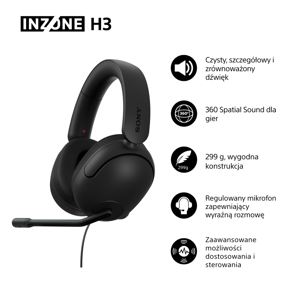Czarne słuchawki dla graczy Sony INZONE H3. Posiadają mikrofon, dźwięk przestrzenny 360 i wygodną konstrukcję.
