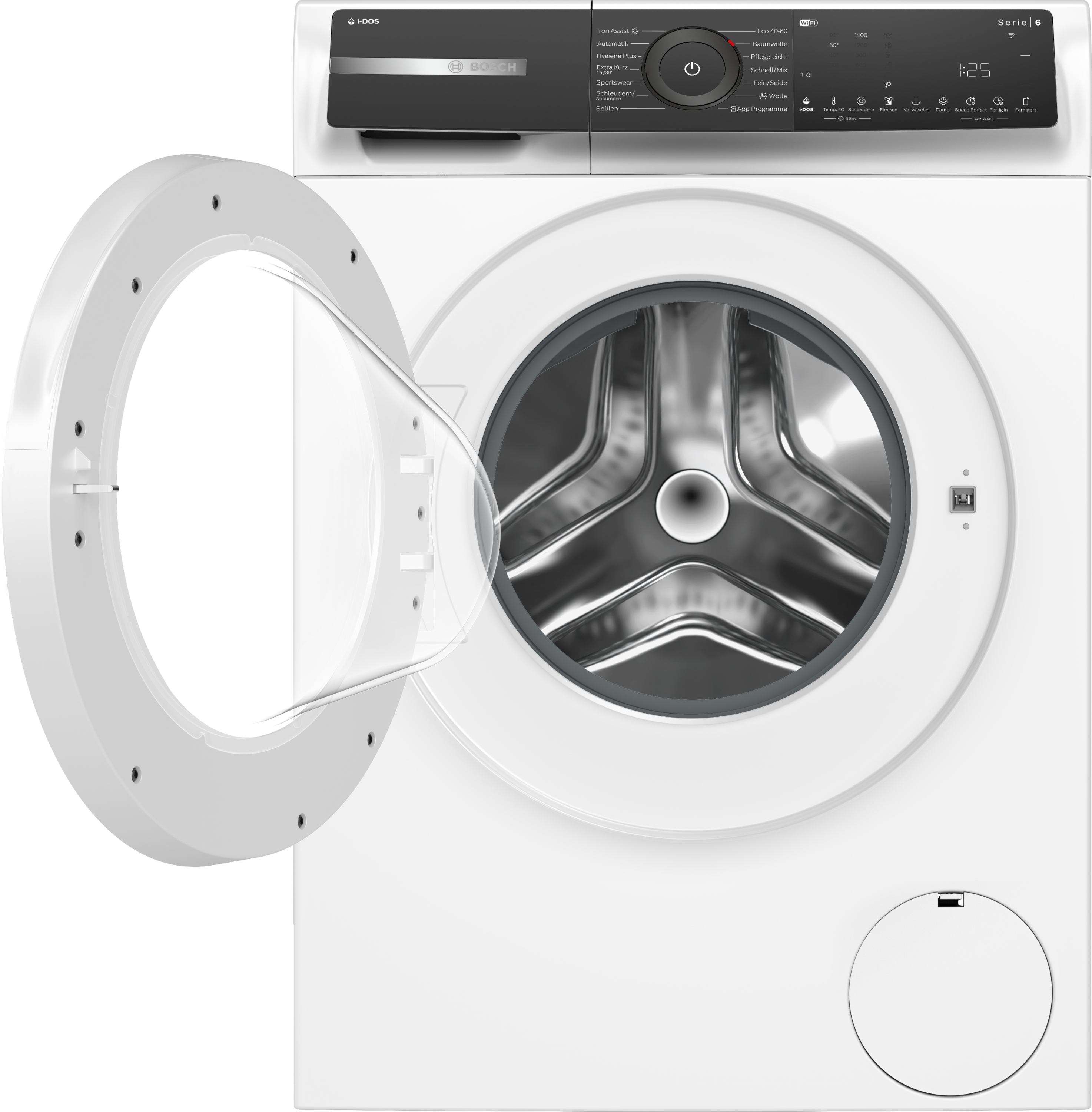 Eine weiße Waschmaschine mit geöffneter Tür. Das Bedienfeld hat Knöpfe und ein digitales Display.