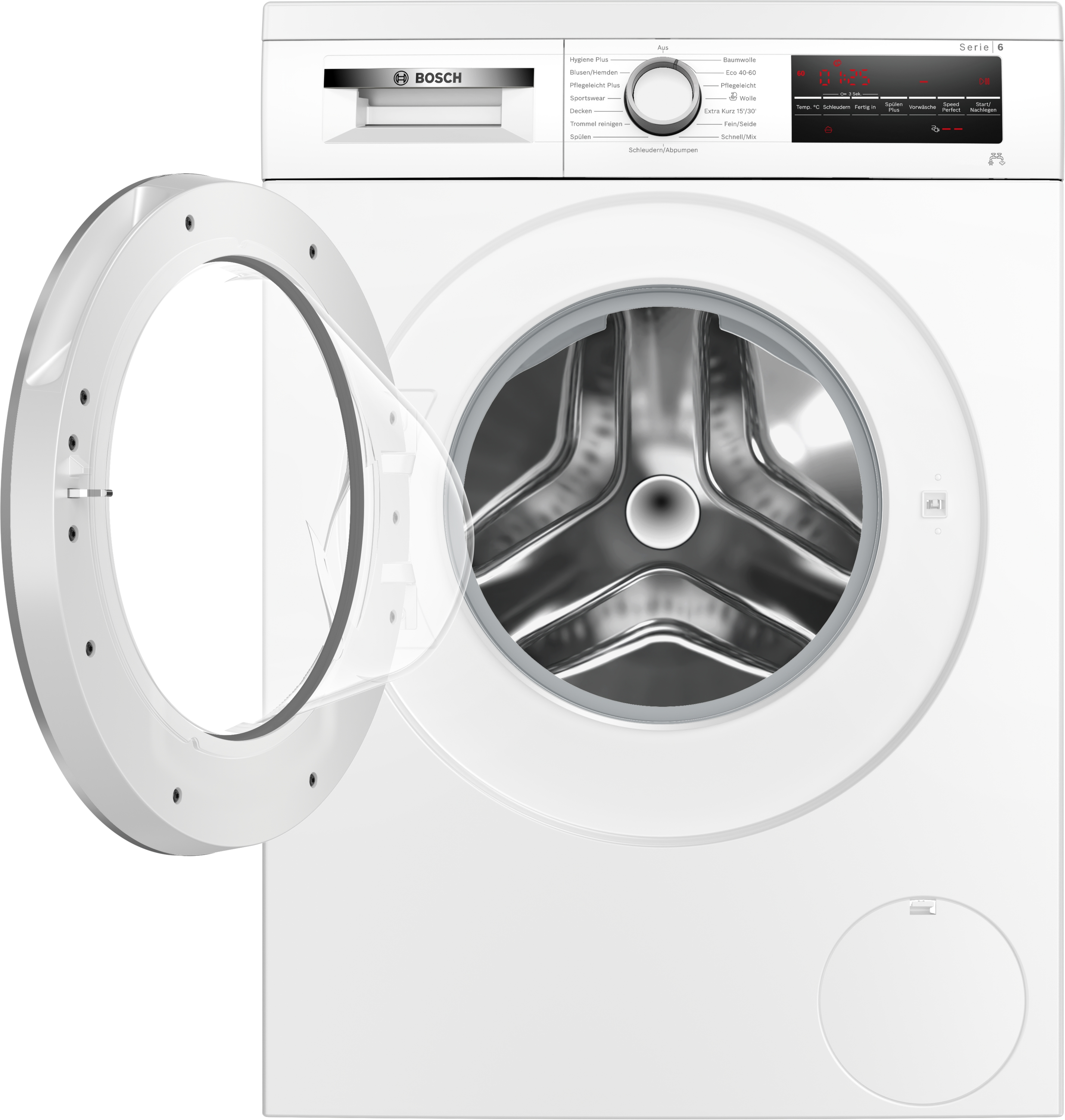 Eine weiße Bosch-Waschmaschine mit offener Tür. Bedienelemente und ein digitales Display sind sichtbar.
