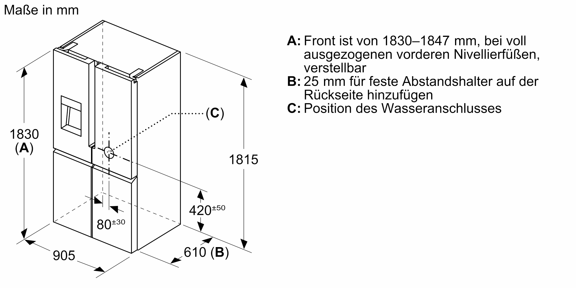 Diagramm eines Kühlschranks mit Maßangaben in mm, beschriftet mit Buchstaben und Zahlen.