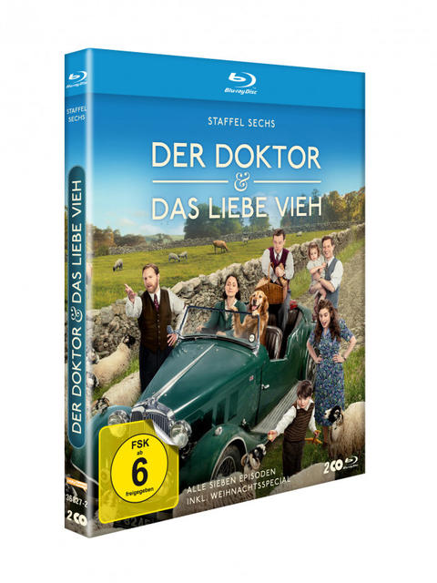 Blu-ray-Cover mit dem Titel 'Der Doktor & Das Liebe Vieh'. Zeigt ein grünes Auto, Personen, einen Hund, Schafe und die Zahl 6.