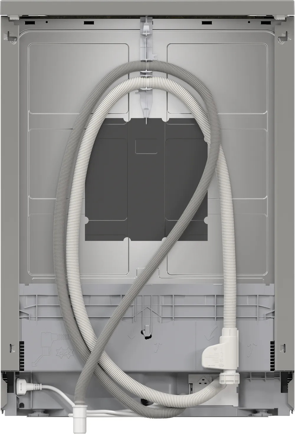 Tył zmywarki. Pokazuje szare i białe węże, przewód zasilający i ciemnoszary panel.