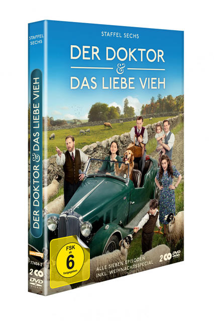 DVD-Cover. Titel: Der Doktor & Das Liebe Vieh. Personen in Oldtimer, Hund, Schafe und Landschaft im Hintergrund.