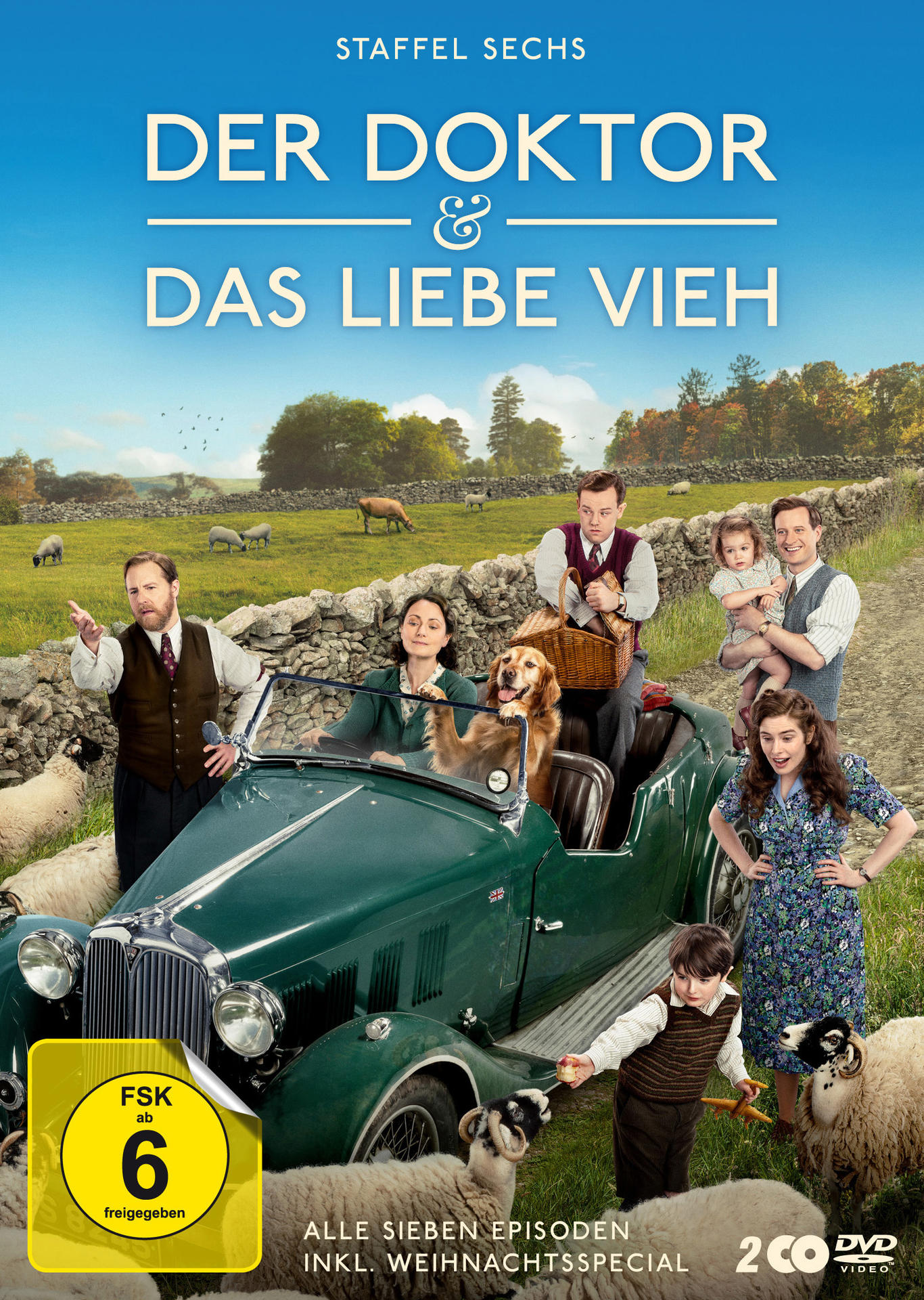 Poster für 'Der Doktor & Das Liebe Vieh'. Menschen und ein Hund in einem grünen Auto, umgeben von Schafen. Titel oben.