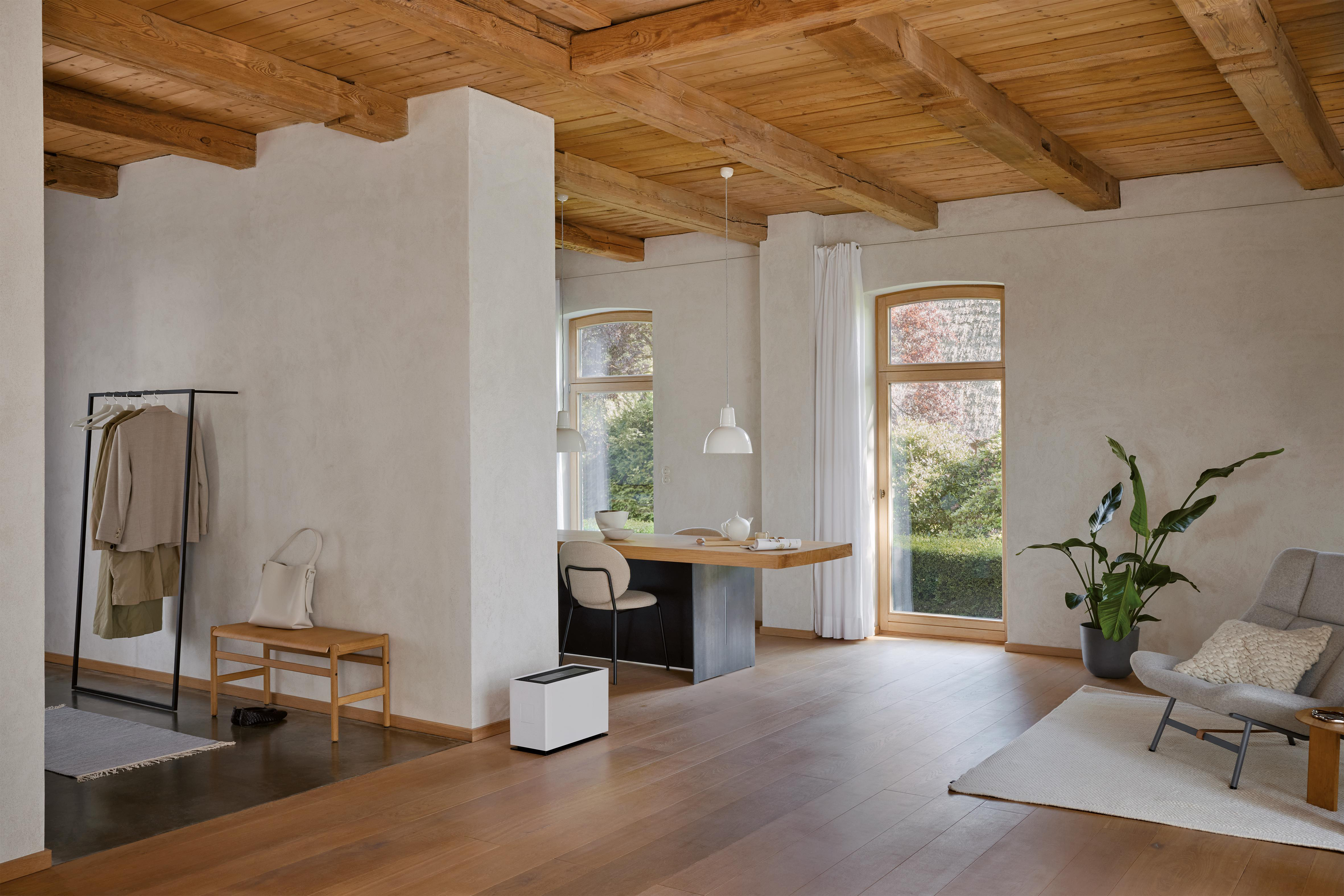 Helles Interieur mit Holzdecke, zwei Fenstern, Schreibtisch, Garderobenständer und einem grauen Sessel mit Pflanze.