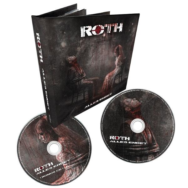 Albumcover: Zwei CDs und ein Booklet. Das Cover zeigt zwei gefesselte Personen mit Blut. Der Albumtitel lautet 'Roth Alles Endet'.